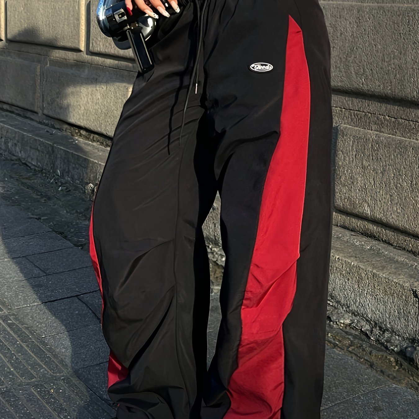 TEMU Pantalon décontracté pour femme à color-block avec cordon de serrage à la taille, pantalon à jambes larges avec poches