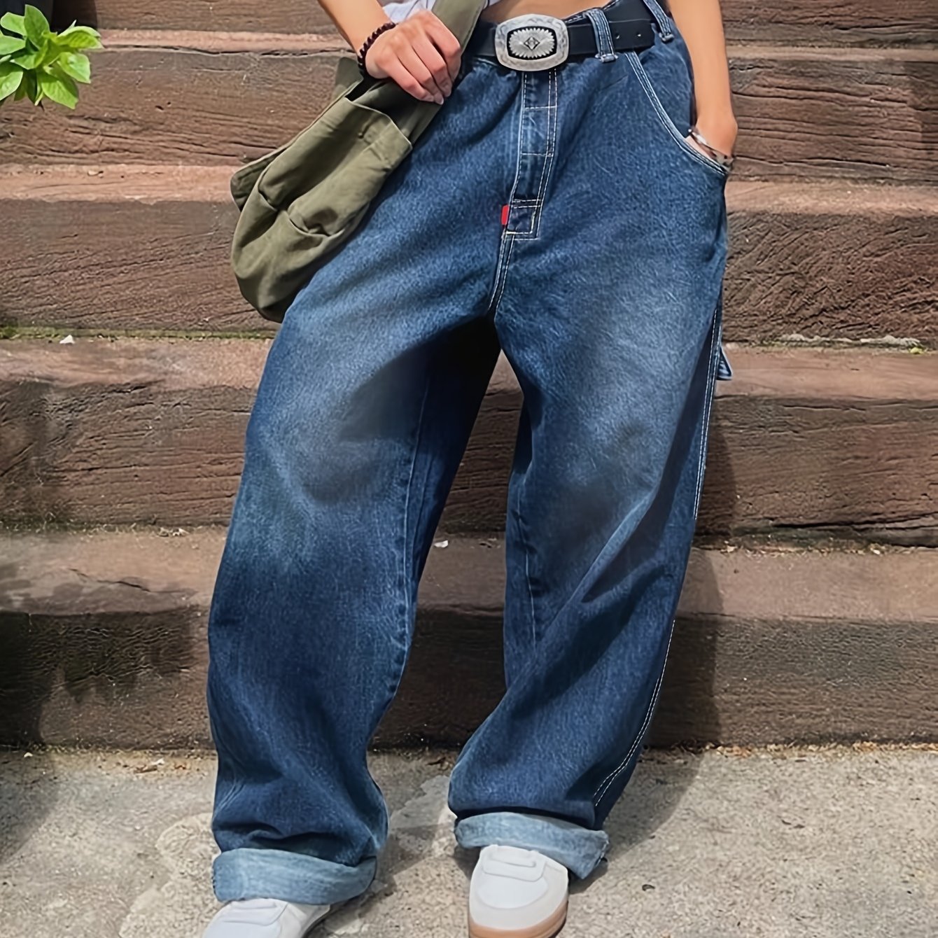 Vintage-style Fashionable Loose-fit Workwear Design Women's Blue Straight-leg Wide-leg Rolled-hem Casual Trousers, Long Pants (belt Not Included)