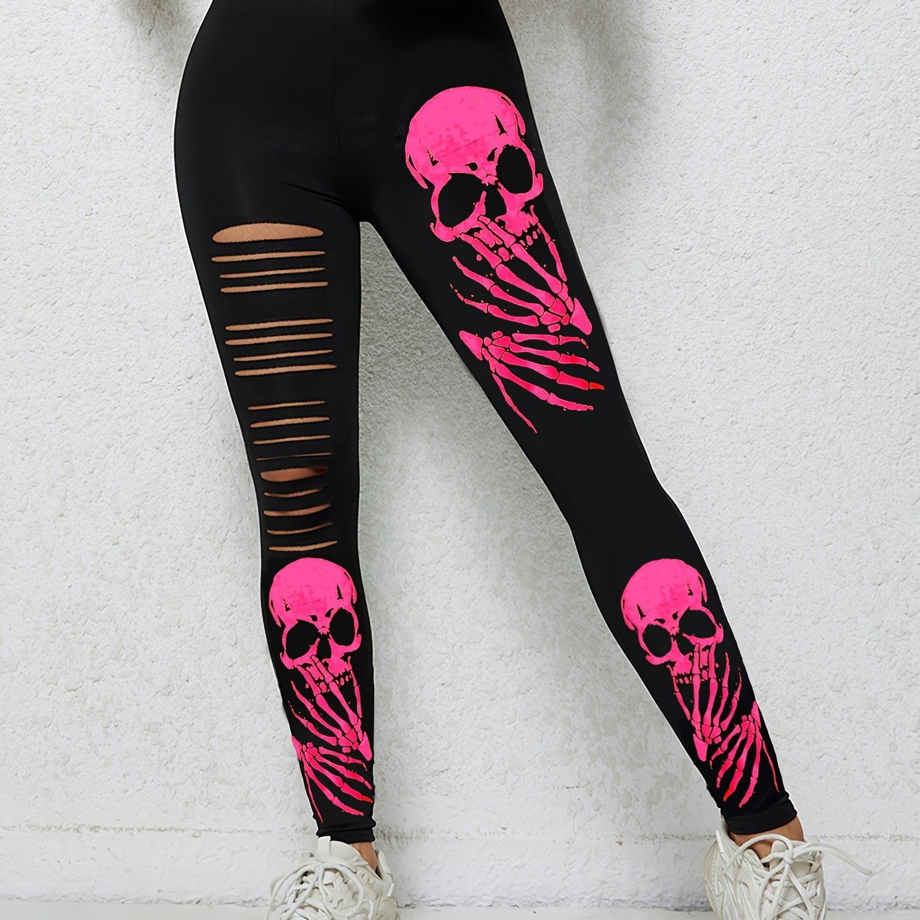 TEMU Women's High- Halloween Skeleton Print Ripped Knee-length Leggings - Stretchy, Cropped Design With Skull Pattern, Costume Parties & Casual Outfit
