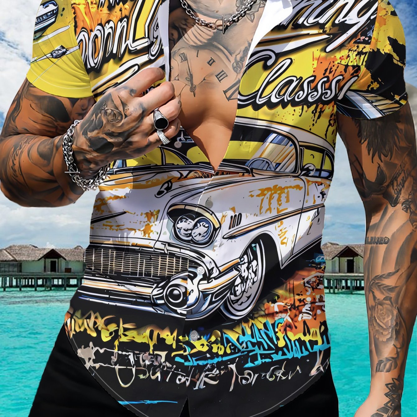 TEMU Men's Casual Short-sleeve Beach Shirt Featuring American Car Gathering Under Neon Moonlight, Breathable Hawaiian Shirt Suitable For Beachwear,
