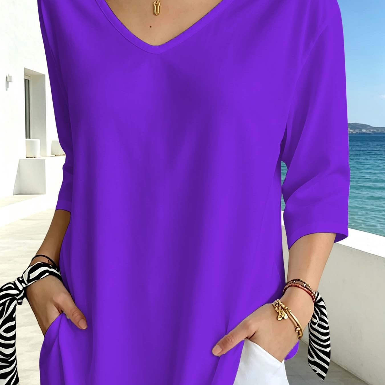 TEMU Deep Purple Solid V-neck 3/4 Sleeve Women's T-shirt, Loose Fit Top