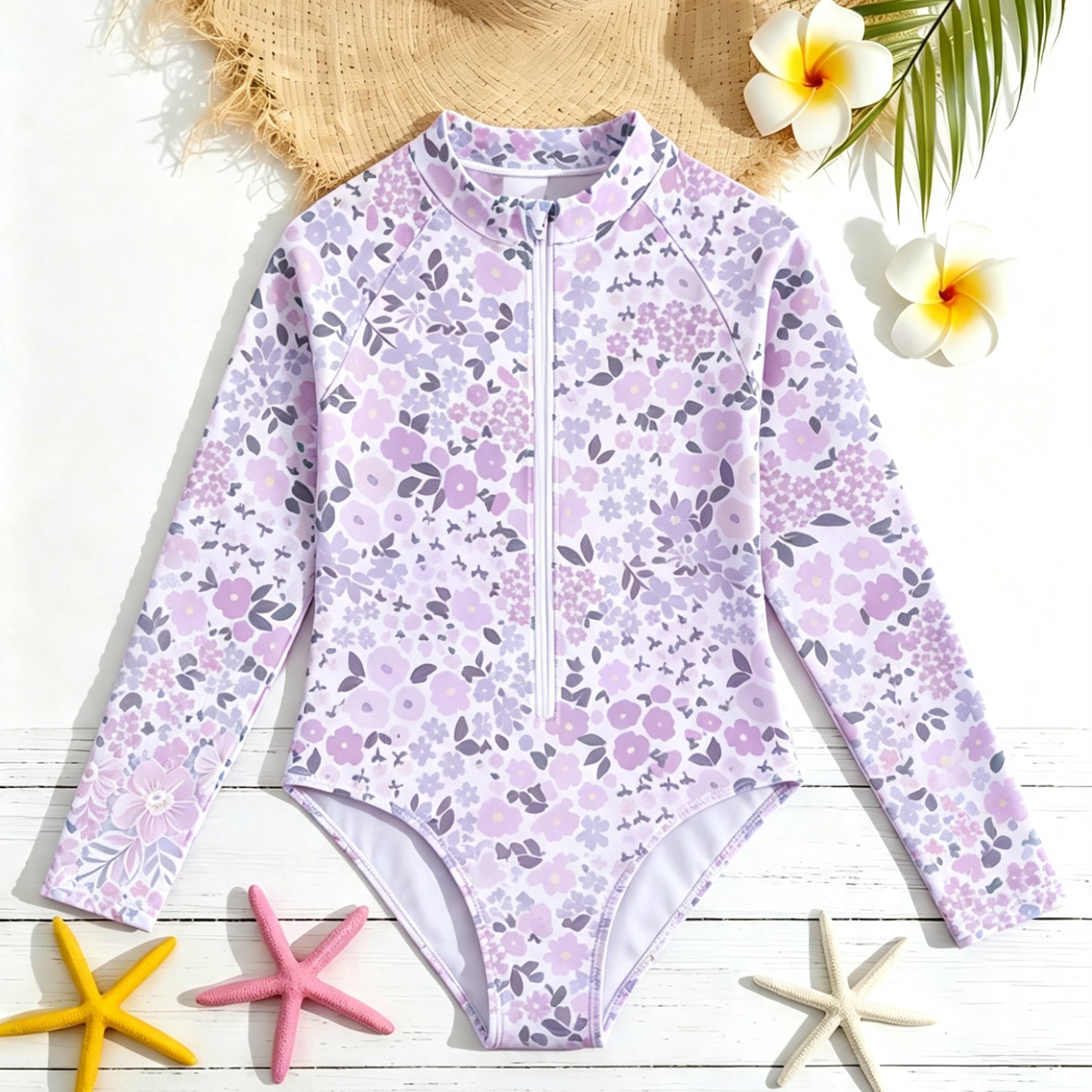Image of Summer Girls Print Long Sleeve One-piece Swimsuit, Front Zip Rash Guard, Water Sports Seaside Vacation Outfit, Quick-dry Swimwear For Beach, Pool, Surfing, And Holiday Swimming