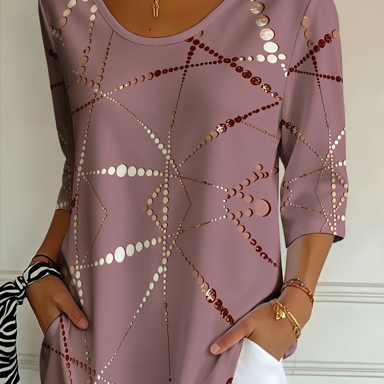 TEMU Women's Top, Three-quarter Sleeve T-shirt, Mixed Colors, Multiple Sizes Available, Geometric Polka Dot Pattern, Suitable For Everyday Casual