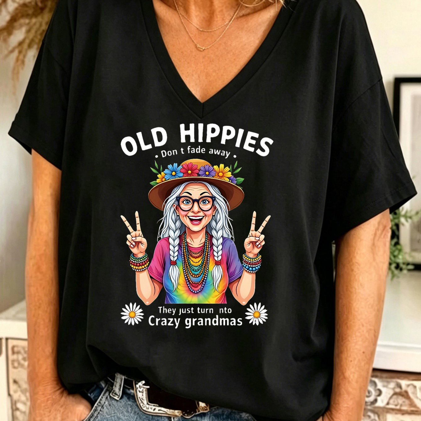 TEMU Plus Size - 1xl-8xl Plus Size V-neck Short Sleeve T-shirt Women's Casual Top With Old Hippie To Crazy Grandma Pattern Print Regular Fit Casual