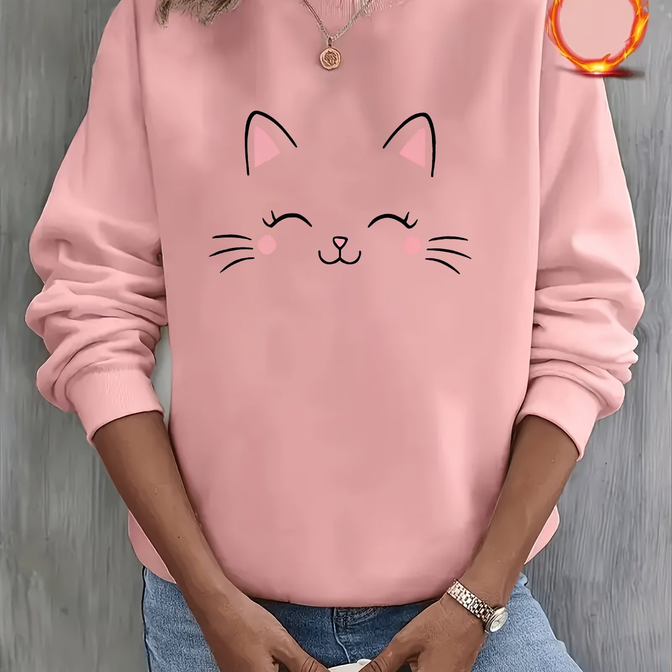 TEMU Women's Fashionable Casual Cute Simple Kitten Pattern Print -lined Crew Neck Sweatshirt