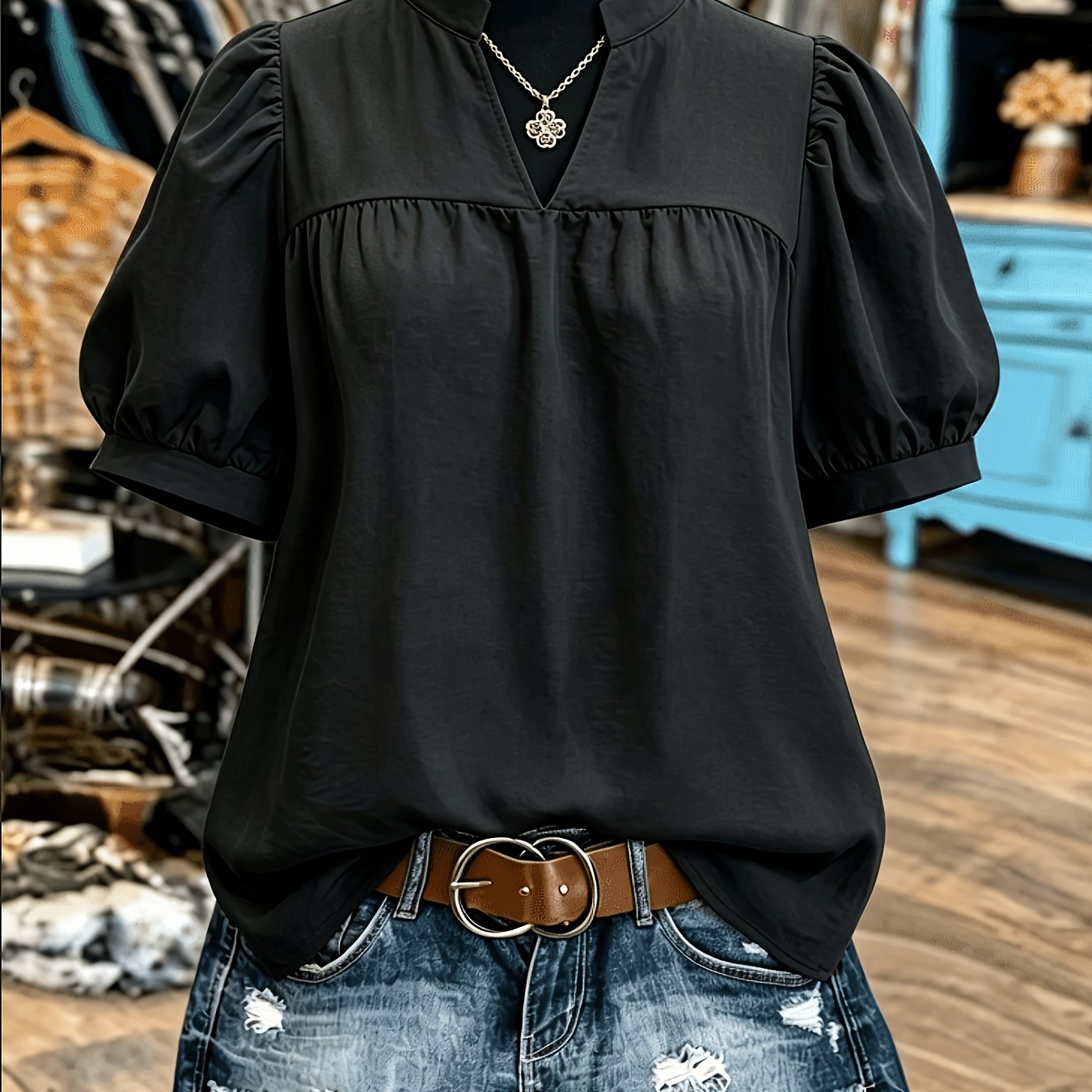 TEMU Plus Size, Plus Size Women's Summer Short Sleeve Solid Color Stand Collar Blouse Top