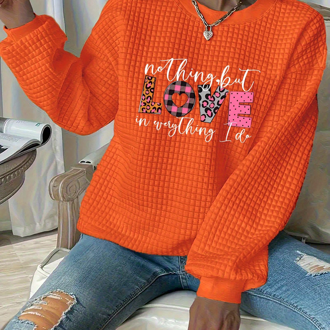 TEMU Plus Size - Plus Size - Plus-size Women's Waffle Texture Sweatshirt With Contrasting Leopard Print And Love Letters