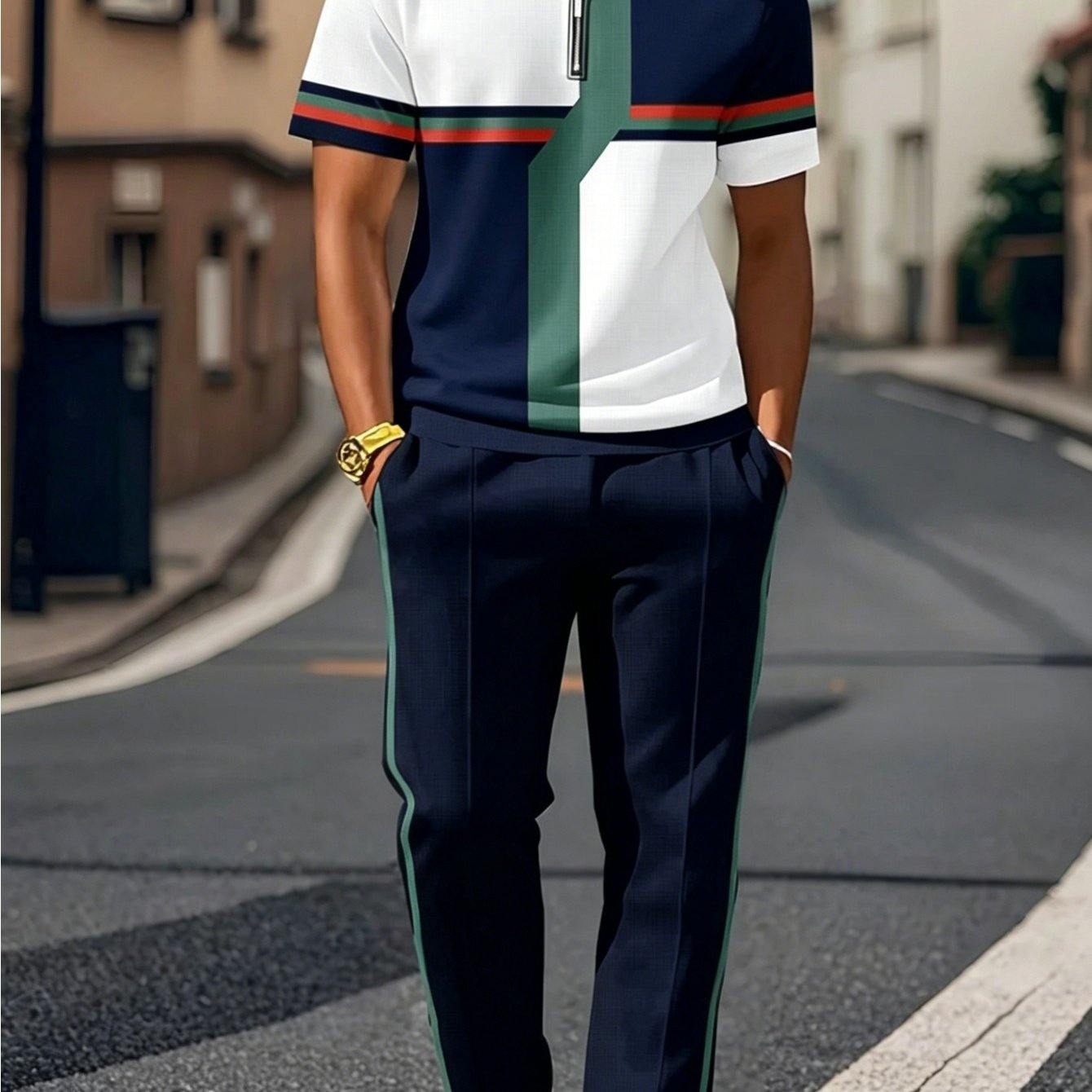 Image of Men's Summer Casual Set Black And - Green Stripe Half-zip Short Sleeve Straight-leg Pants Two-piece Set