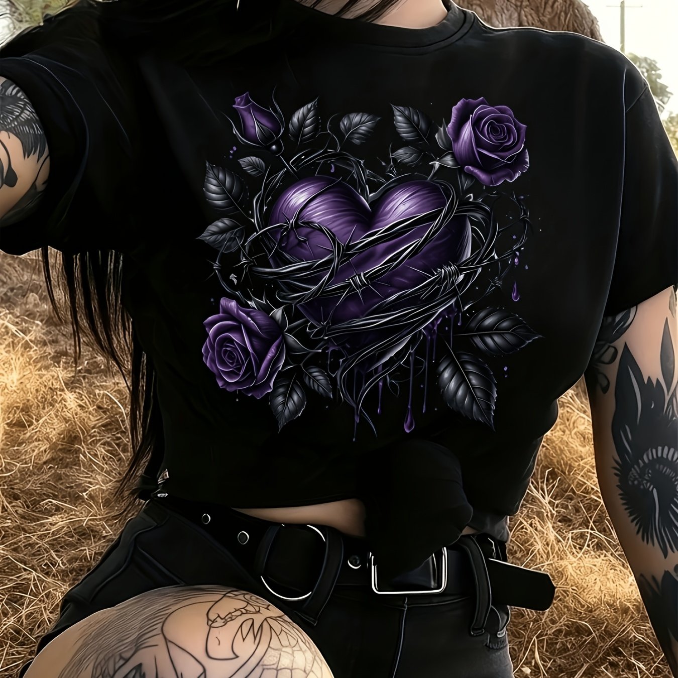 TEMU Women's Casual Round Neck Black Short Sleeve With Purple Het In Vines And Roses Gothic Casual Summer Daily We-unisex Holiday Gift Casual Outing