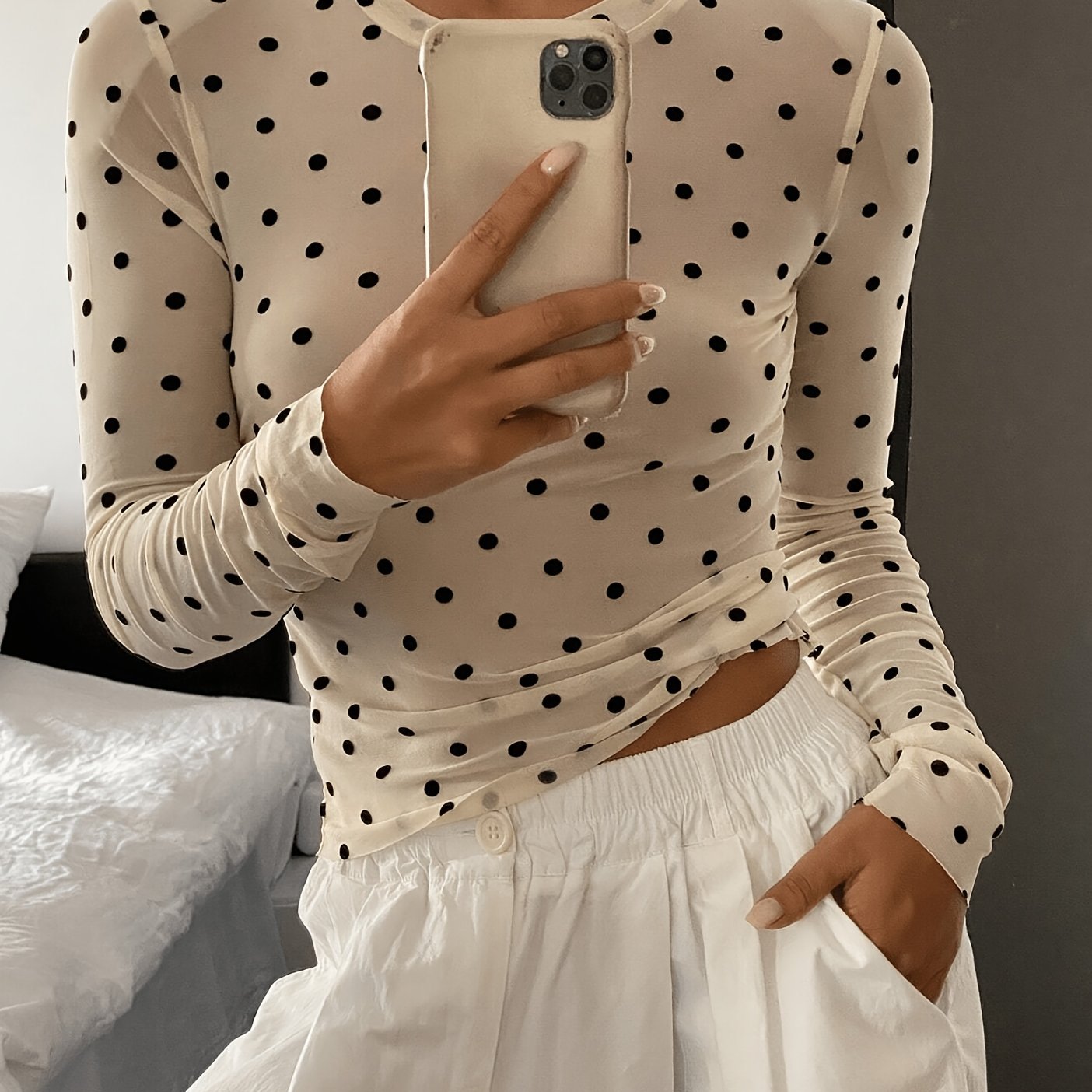 TEMU Women's Mesh Polka Dot Slim Fit Casual Crew Neck Long Sleeve Top