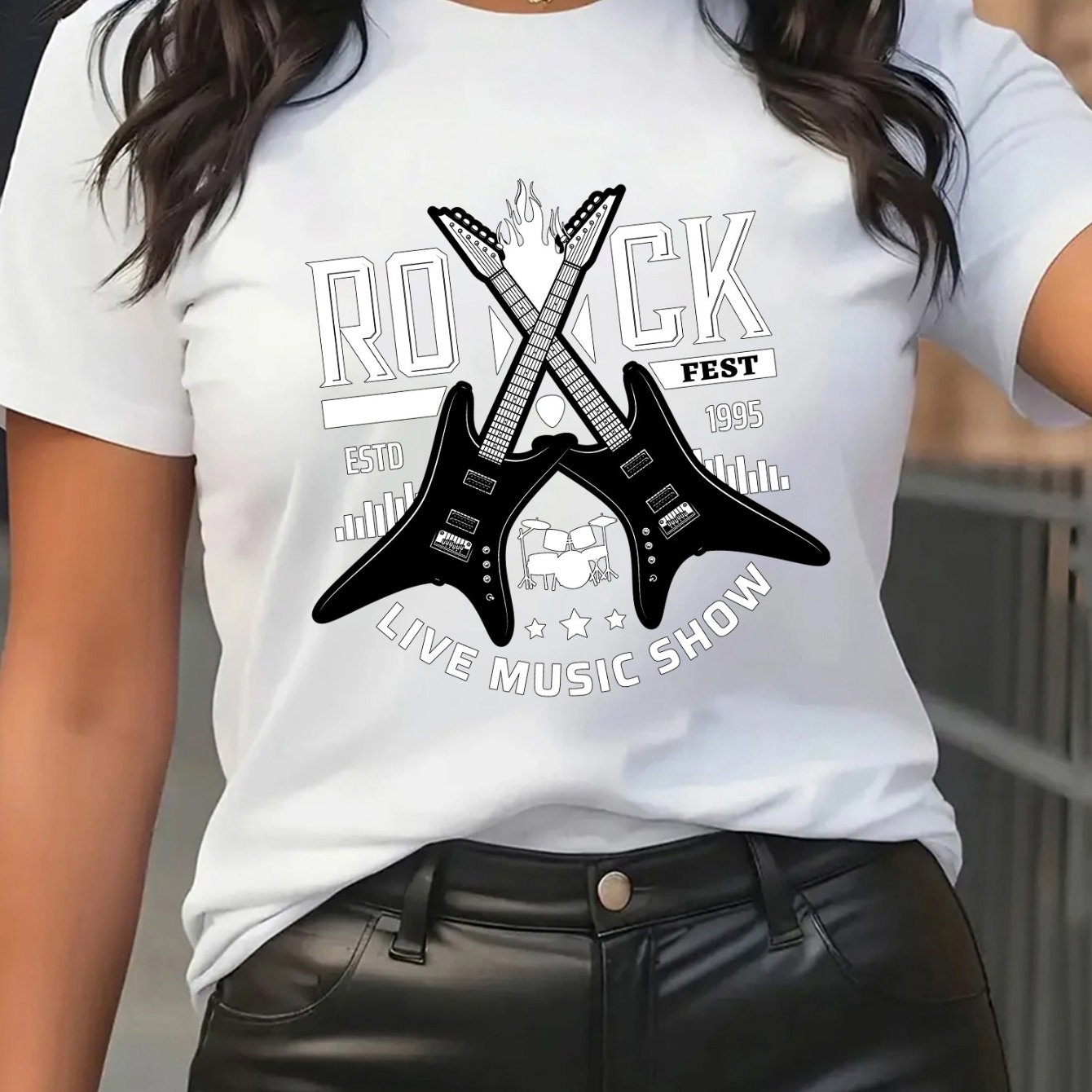 TEMU Women's Short Sleeve T-shirt With Rock Music Graphic Design, Base, Print Featuring Guitar Drum Artwork, Perfect For Live Show Enthusiasts, Fit