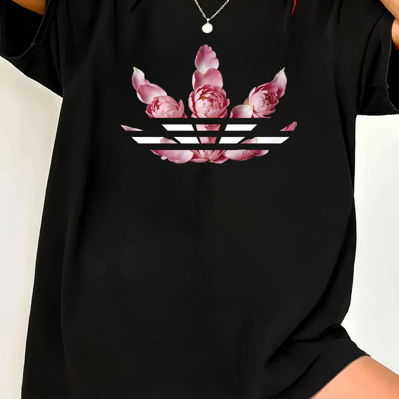 TEMU Plus Size - Plus Size - 0xl-8xl Plus Size Round Neck Short-sleeved T-shirt Women's Casual Top With Pink Peony Pattern Letter Print Comfortable