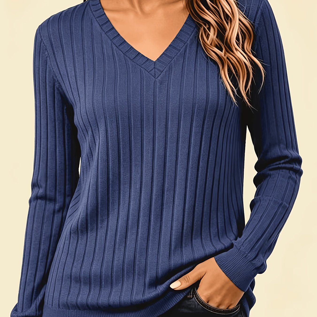 Image of Autumn Winter Solid Color 's V-neck Long Sleeve Ribbed Brushed T-shirt Women's Top