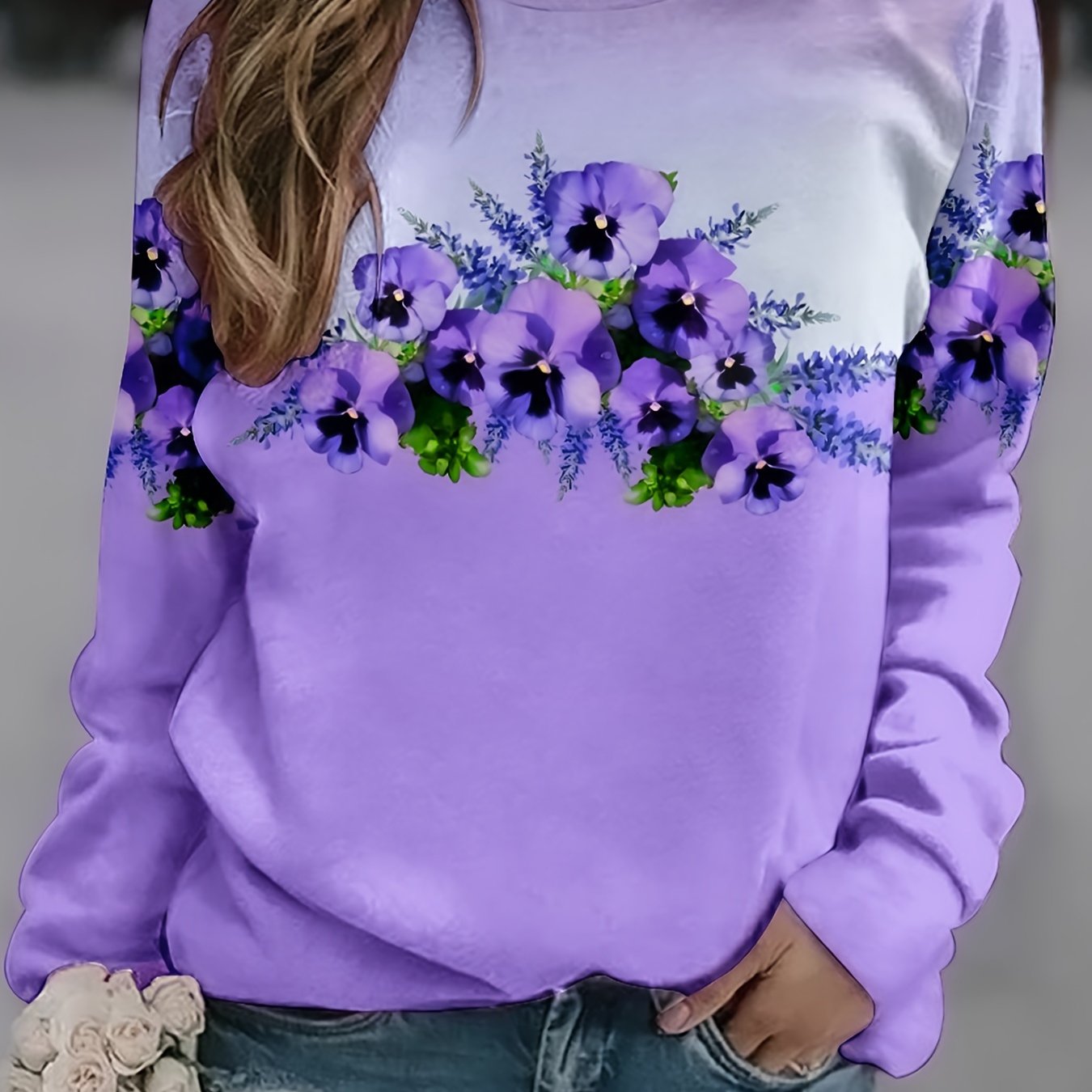 TEMU Plus Size, Women's Purple Pansy Sweatshirt - Long Sleeve Round Neck Loose Pullover, Machine Washable Autumn Top, Vibrant Floral Pattern,