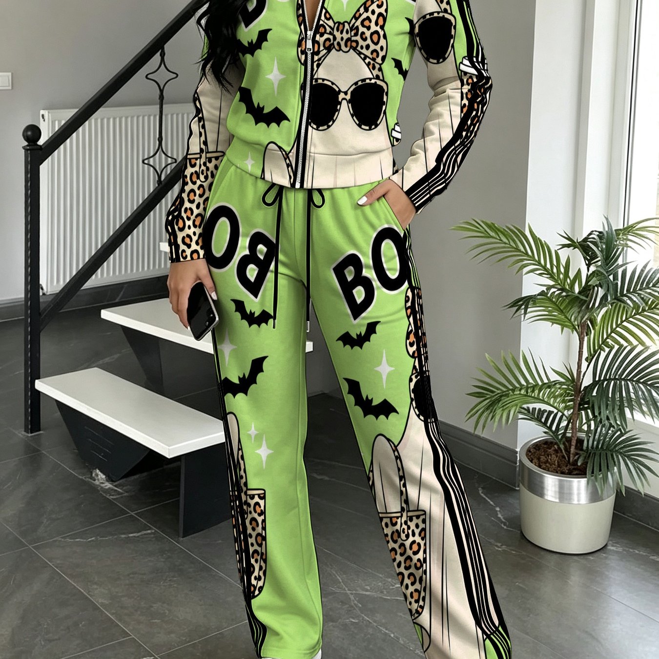 Image of Women's Autumn Winter 2pcs Set Leopard Boojee Graphic Zip Up Hoodie Commuter Outfit For Shopping. Coffee Shop.