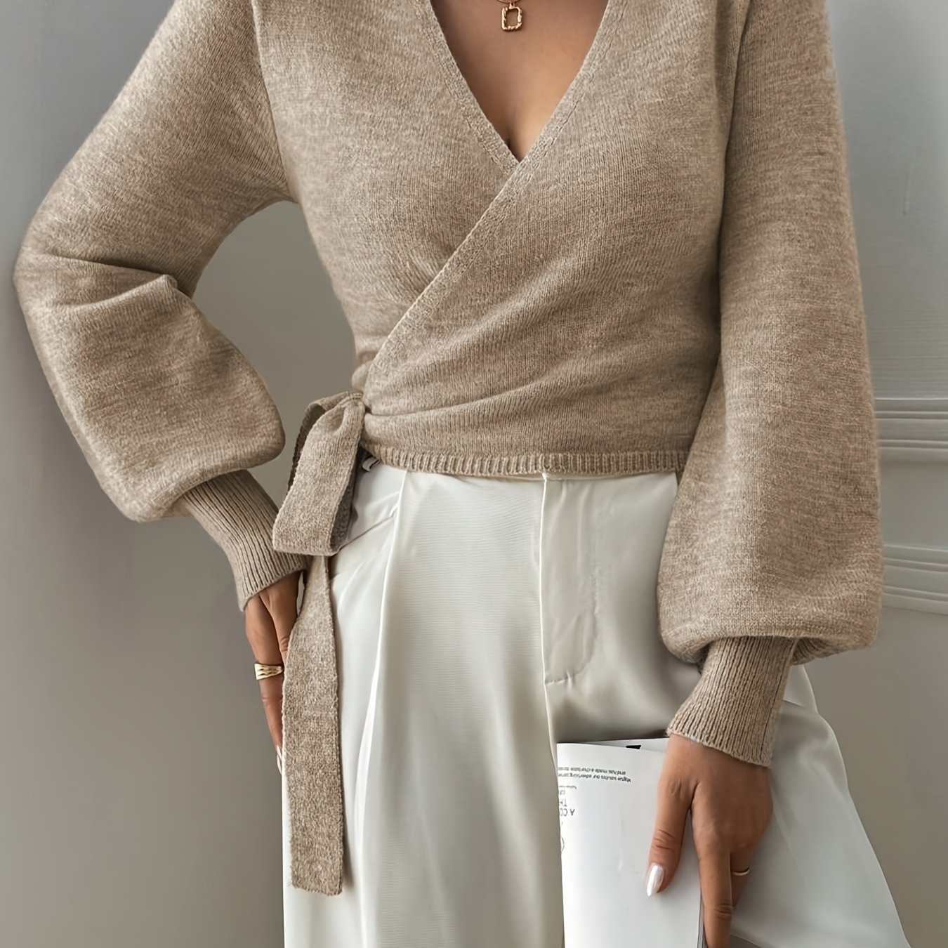 TEMU Women's Autumn/winter Casual Fashionable Temperament Gentle And Elegant Everyday Commuting Versatile Simple Solid Color Cross V-neck Side Tie
