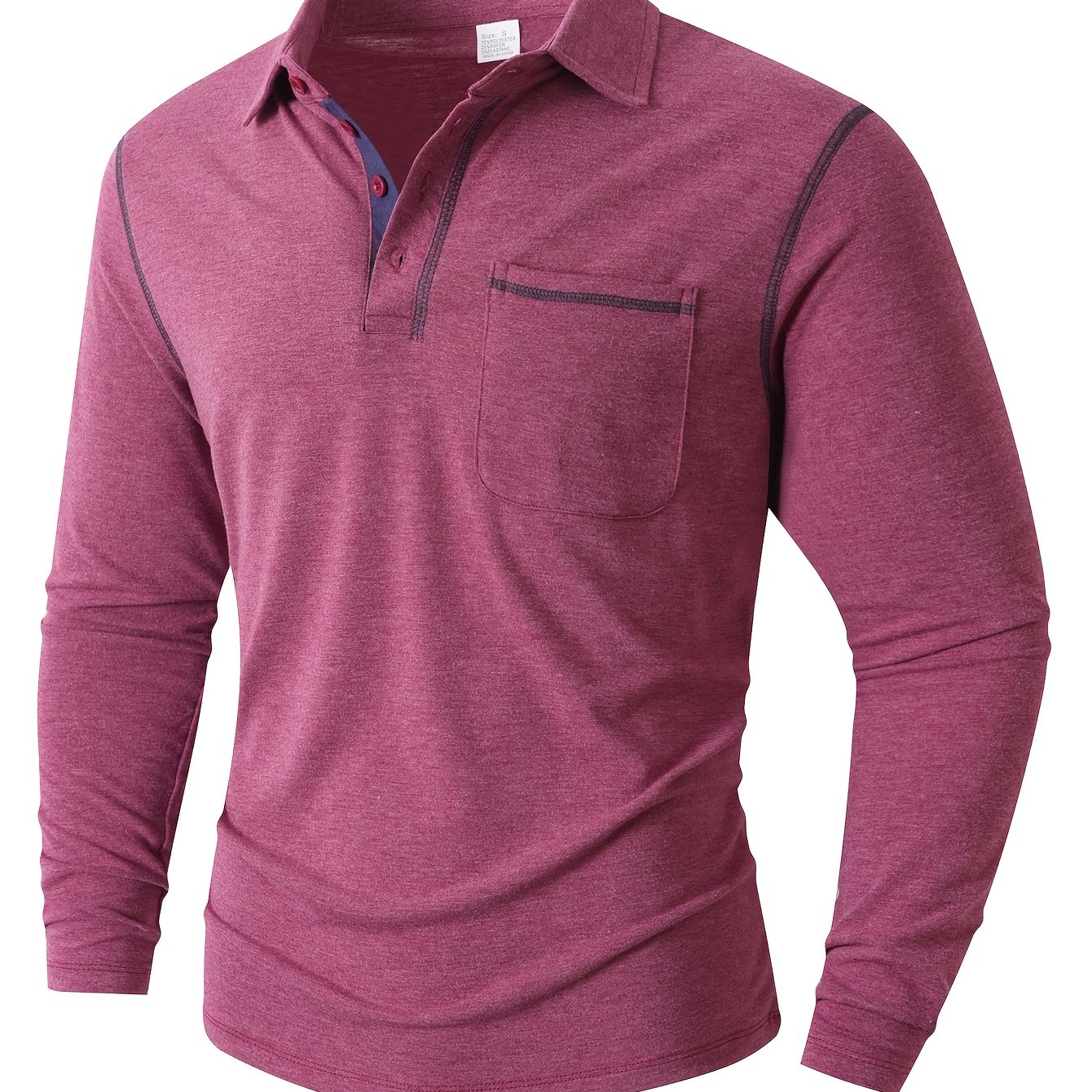 TEMU Kj-p029 Men's Henley Collar Long Sleeve Shirt Solid Color Slim Fit Casual Top Spring And Autumn Versatile Base Shirt