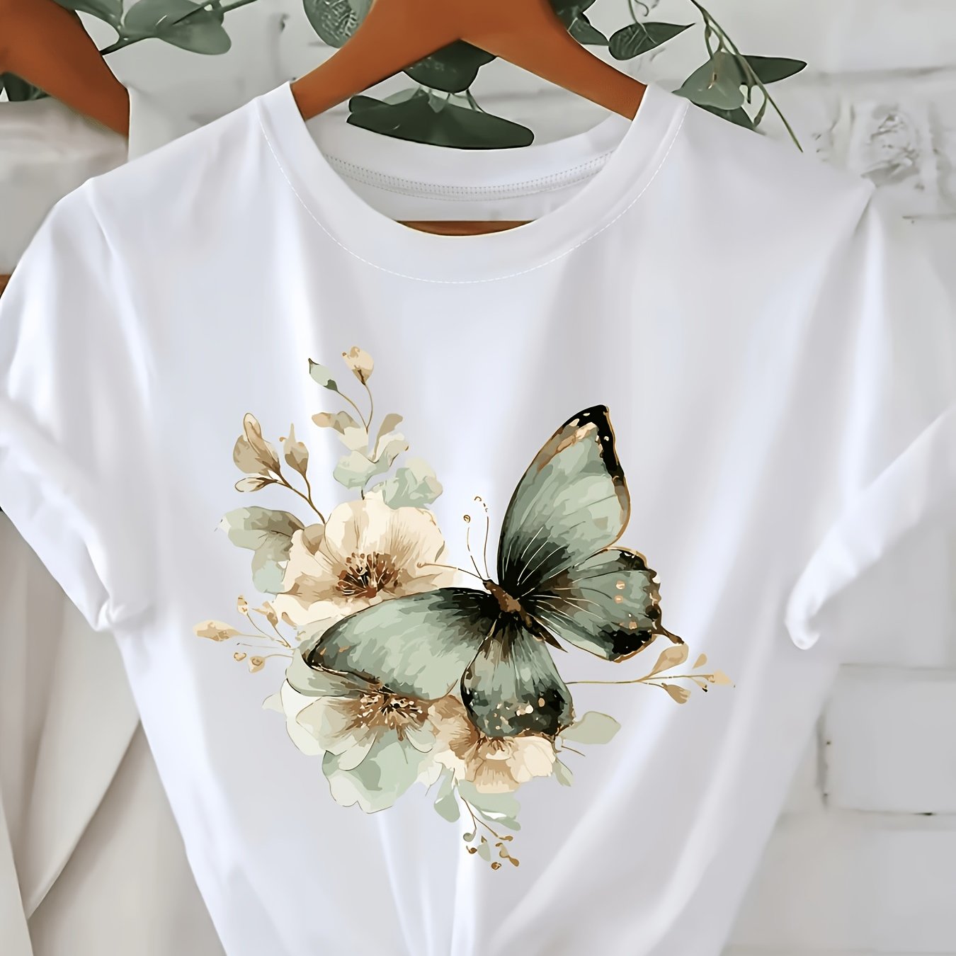 TEMU Women' Vintage Watercolor Green & Floral T-shirt - Short Sleeve Round Neck Loose Fit Suitable For - Casual Base Layer, Machine Washable Opaque