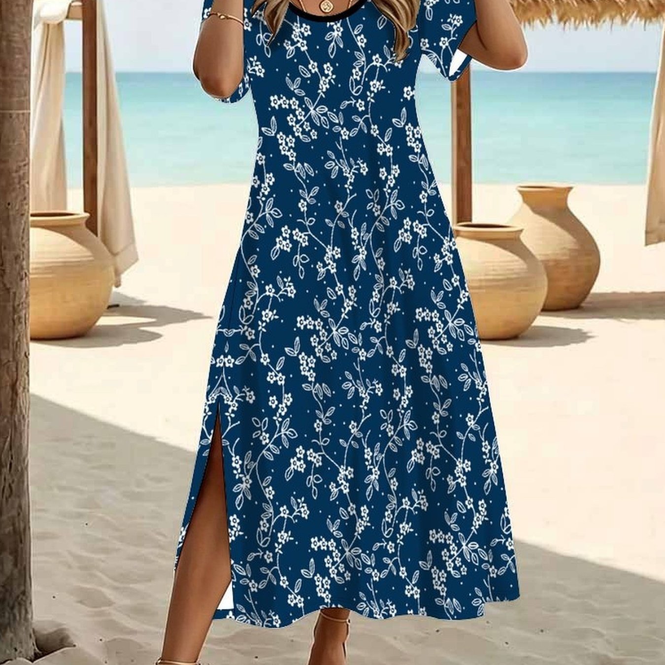 Plus Size Women's Summer Fashion Dress, Casual With Tiny Botanical Floral Print, Crew Neck Short Sleeve Split Hem Elegant Dress