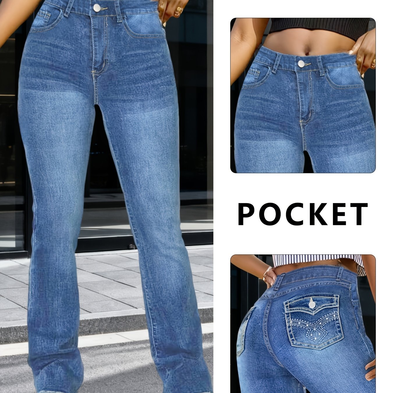 Women's ; Stretch; Straight-leg; Women's Jeans; Patch Pocket; Embroidery; High-waist ; Fashion Pants; Style