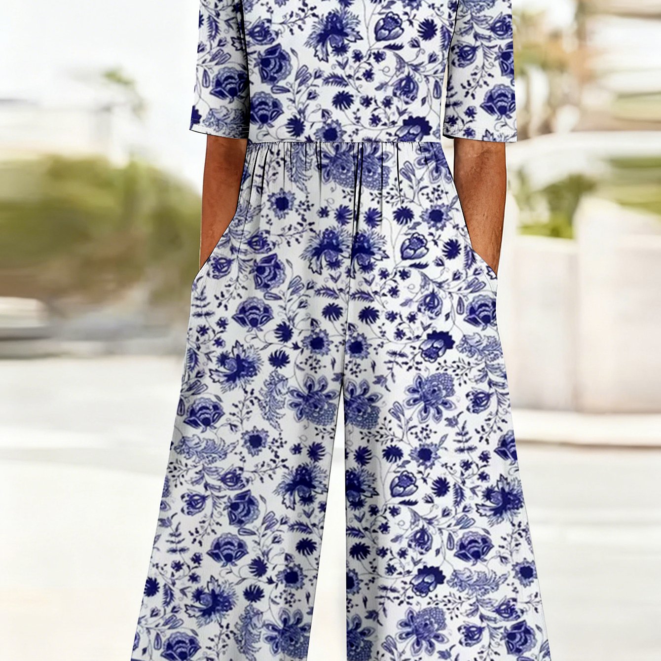 Image of Plus Size, [plus Size] Elegant& Stylish Curvy Women's Blue Floral Print V Neck Half Sleeve Casual Summer Jumpsuit, Spring And Summer Women's Casual Versatile Jumpsuit, Women's Jumpsuit With Pockets