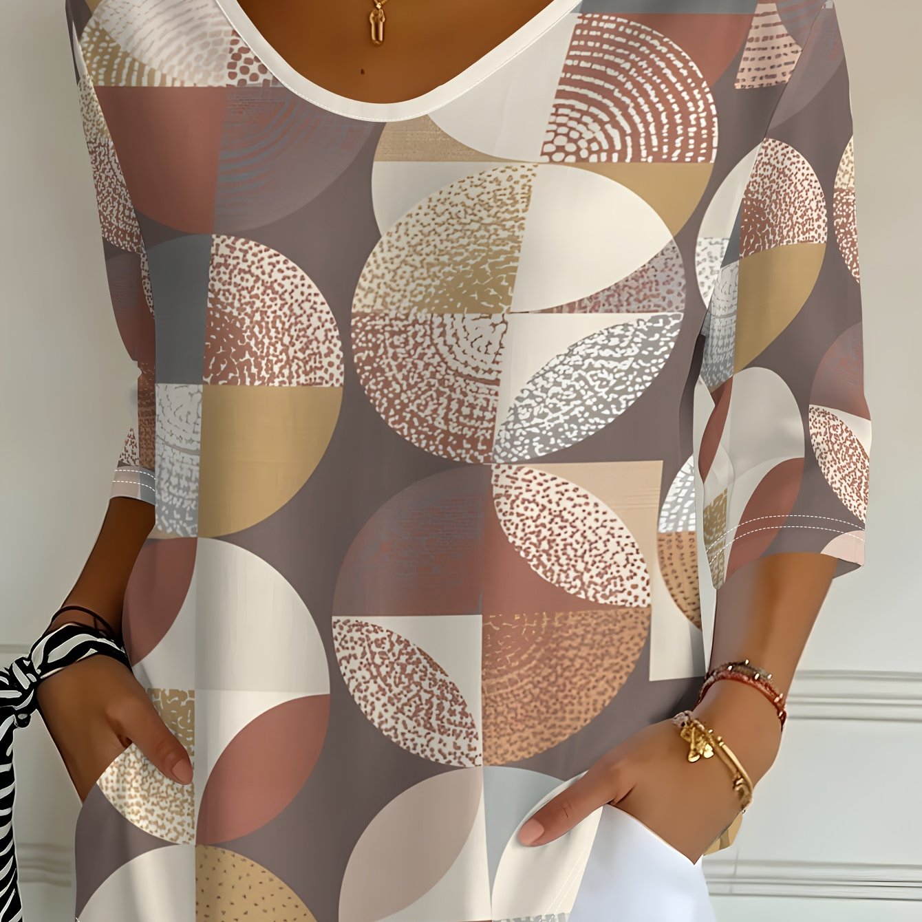 TEMU Women's Spring Autumn Retro Geometric Round Brown Yellow Gray Printed V-neck Three-quarter Sleeve T-shirt Casual Top