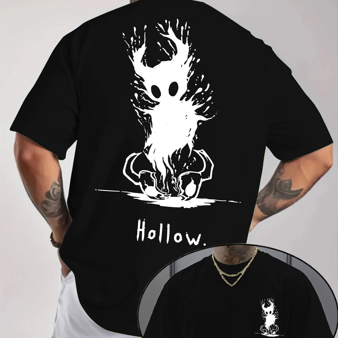 TEMU Men's Fashionable Casual Crew Neck Tee, Featuring A 'hollow' Cut-out Design, Cartoon Lettering Printed On The Front And Back, Use And Summer