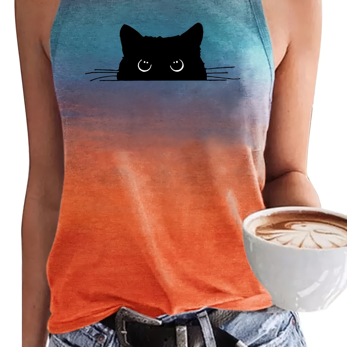 TEMU Cat Gradient Color Print Tank Top, Casual Crew Neck Sleeveless Top For Summer & Spring, Women's Clothing