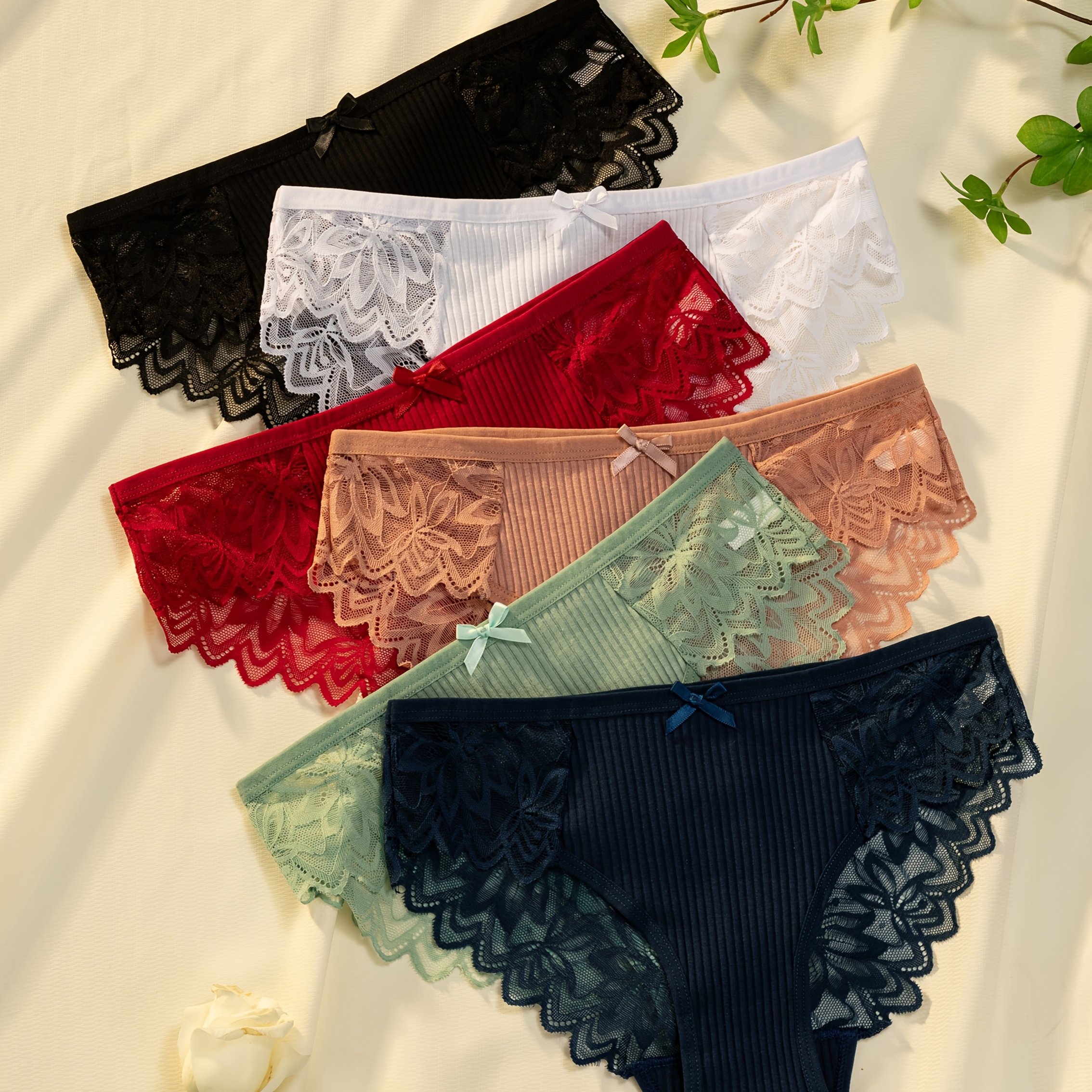 Image of 6pcs Women's Lace Low-rise Panties, Briefs, Ribbed Stretch Comfortable Breathable Elegant New Style Women's Underwear
