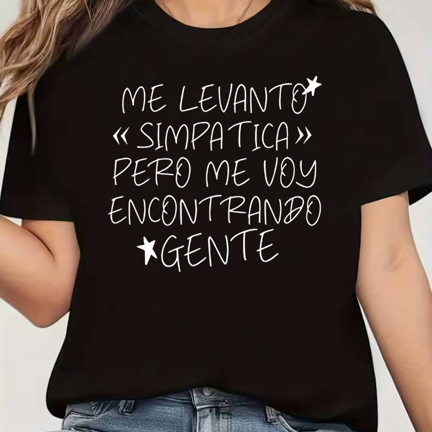 TEMU Talla Grande - Talla Grande - Camiseta Casual de Mujer con Cuello y Manga Corta con Estampado de Estrella ME SIMPÁTICA PERO ENCONTRANDO , y