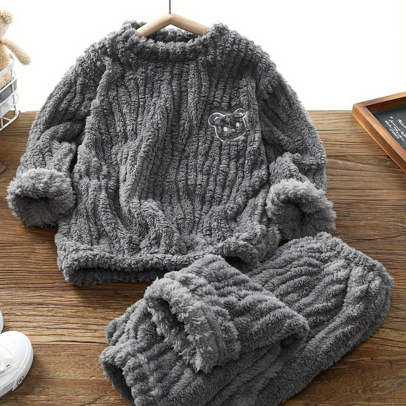 Image of 5y-14y Boys And Girls Autumn Winter Plush Set, Reversible Plush Thickened Warm Clothing Set, Round Neck Hooded Bear Embroidery Mid-large Child Set