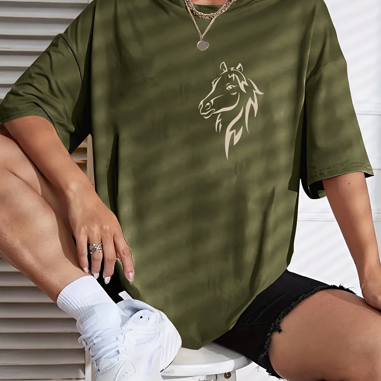 TEMU Women' Printed T-shirt, Short Sleeve, Simple Horse Print, Loose Fit