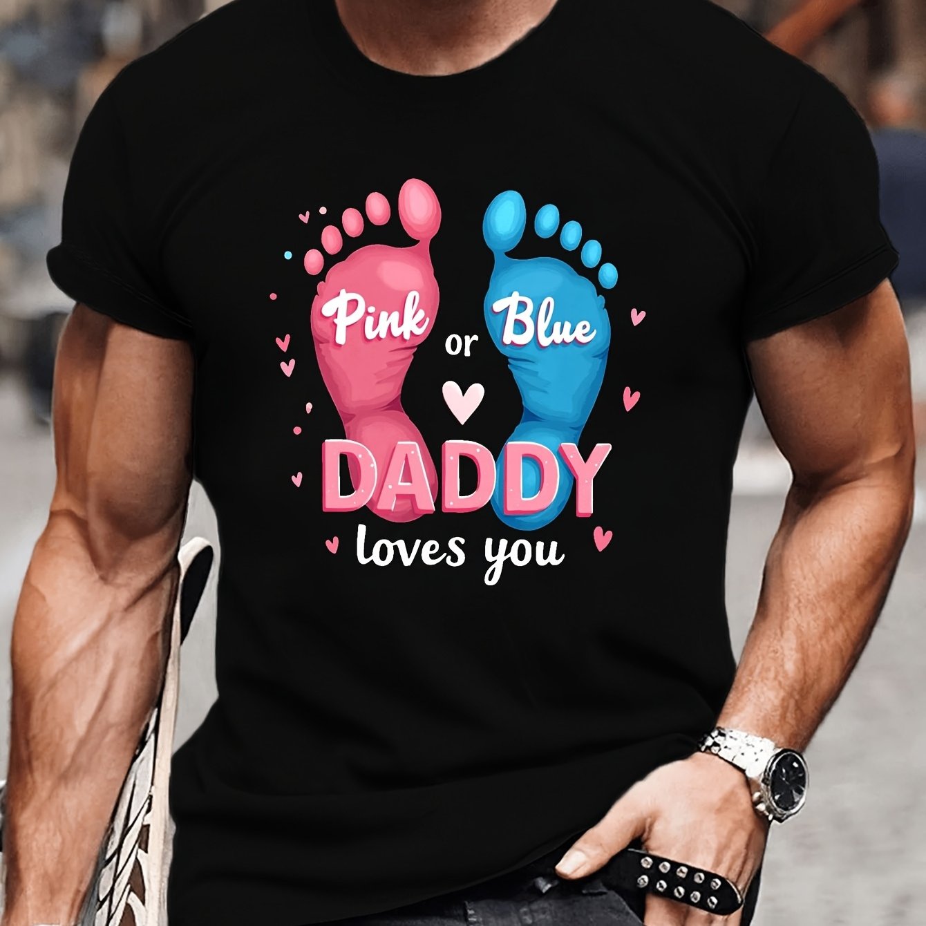 Men's Daddy You Graphic T-shirt | Gender Neutral Footprint , Black Casual Short Sleeve Tee, Crew Neck, Stretch, Regular Fit, Perfect For Father's Day Gifts, Gender Reveal Parties, Fit