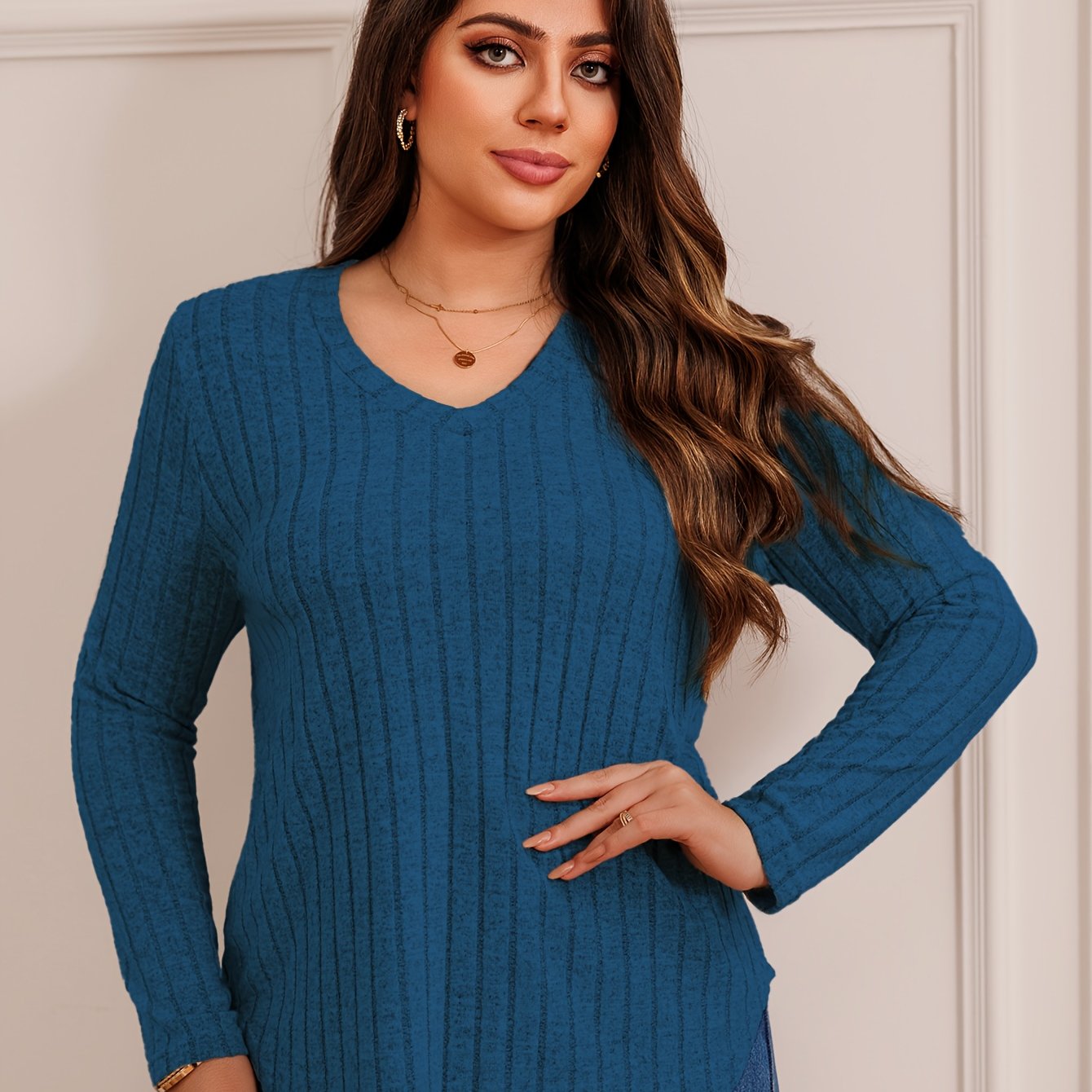 TEMU Talla Grande - Talla Grande - Nueva Camiseta de Larga con Cuello en V y Canelada Acolchada de Color Sólido para Talla Grande, Cómoda, Casual,