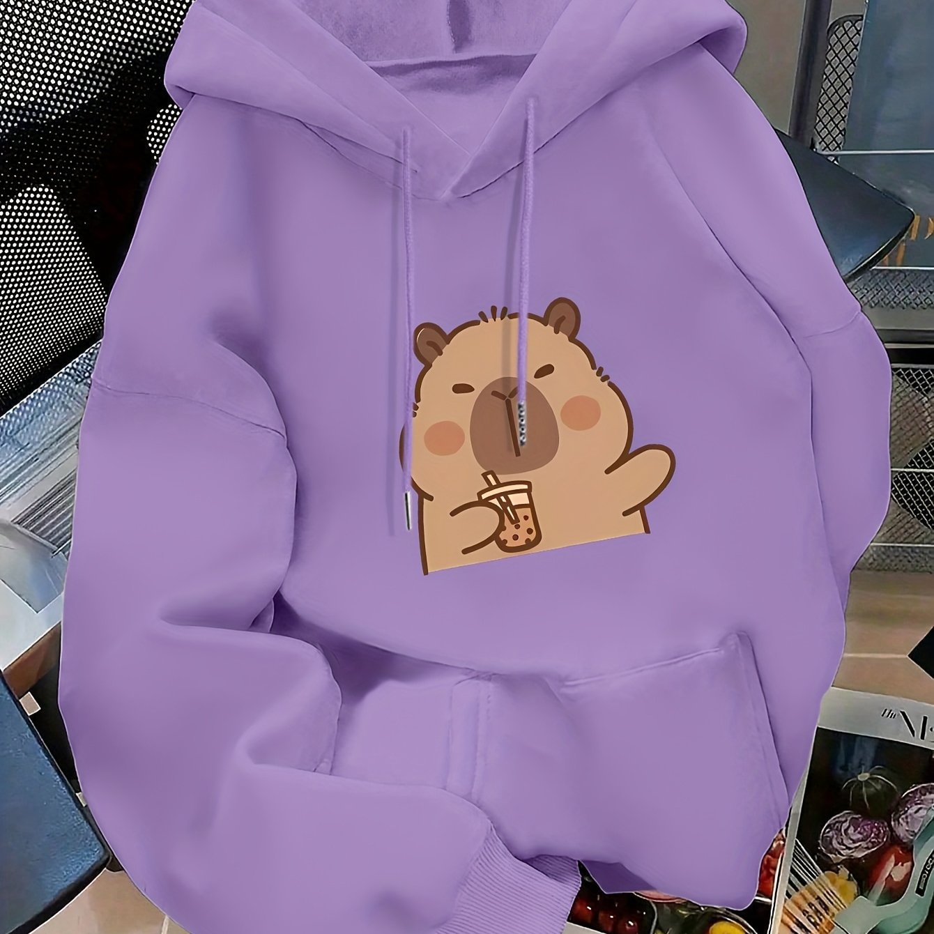 TEMU Women's Stylish Hoodie Featuring A Cute Capybara Holding A Milk Tea Print, With A Kangaroo Pocket And Long Sleeves. This Sweatshirt Is Perfect