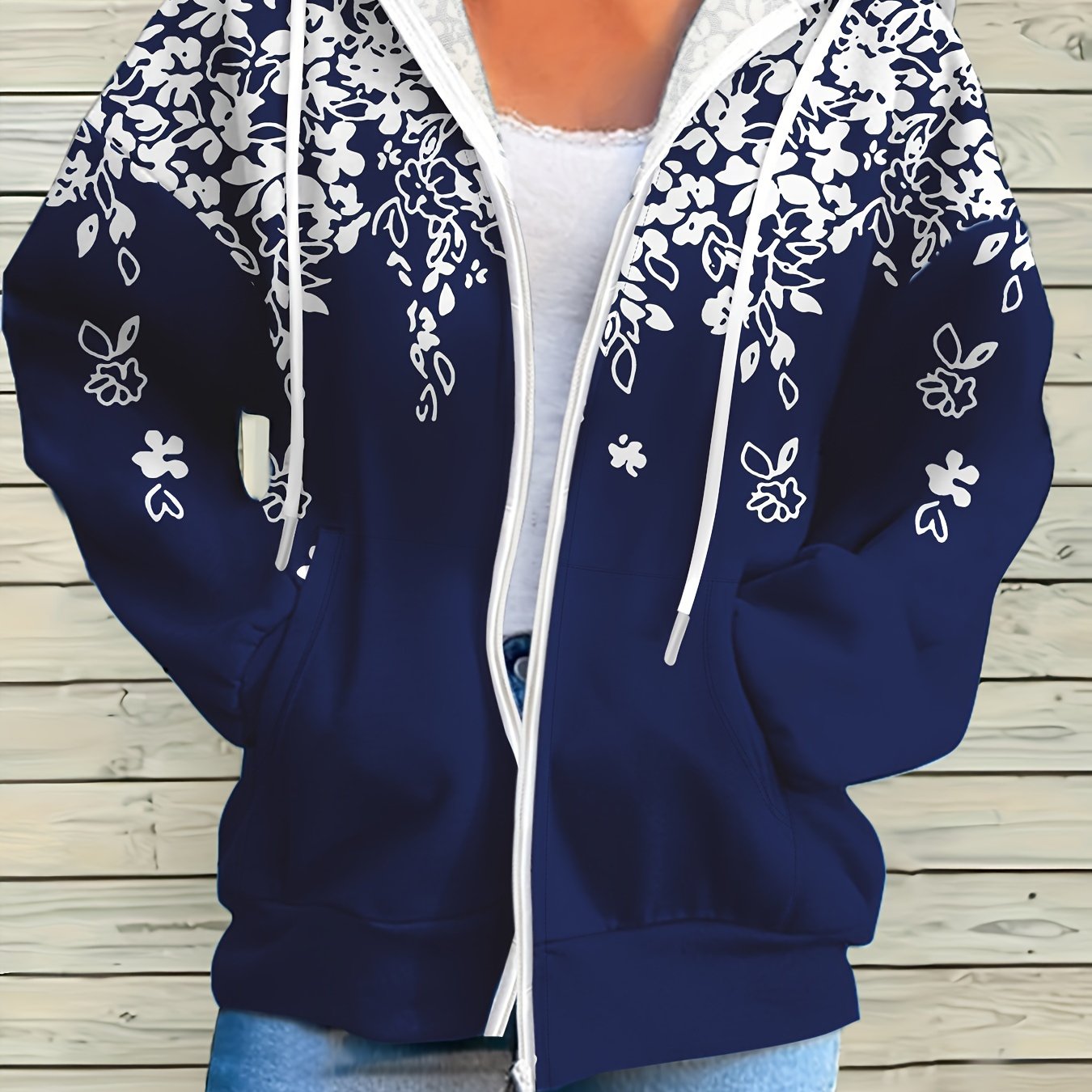 Image of Plus Size, Floral Print Zip-up Drawstring Hoodie, Casual Long Sleeve Pocket Sweatshirt, Women's Clothing