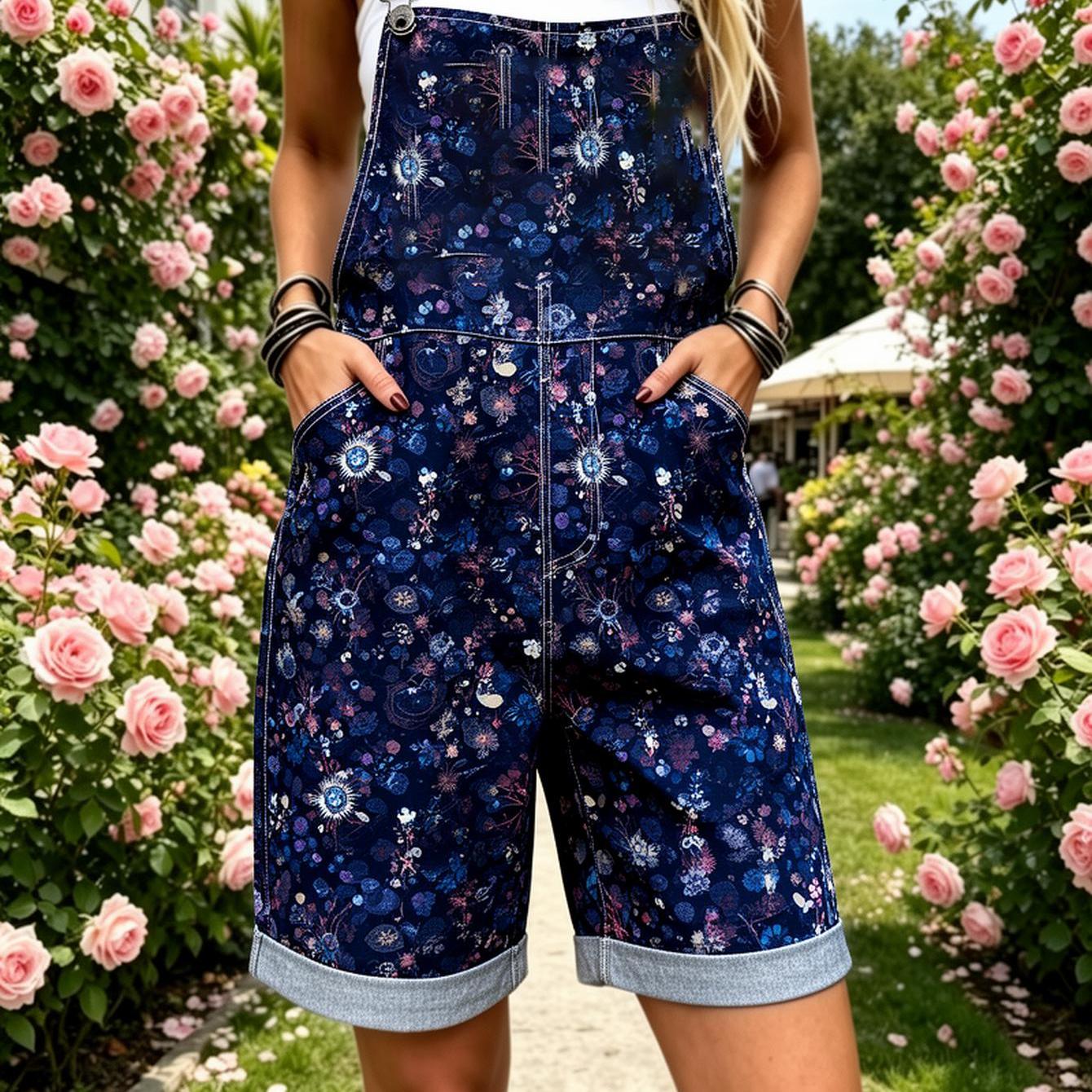 Image of Plus Size, Women's Full Printed Overalls Jumpsuit Floral Print Denim Overalls Shorts Women Summer Boho Outfit Print Romper With Pockets, Suitable For Spring Summer Fall, Machine Washable Casual Outfit
