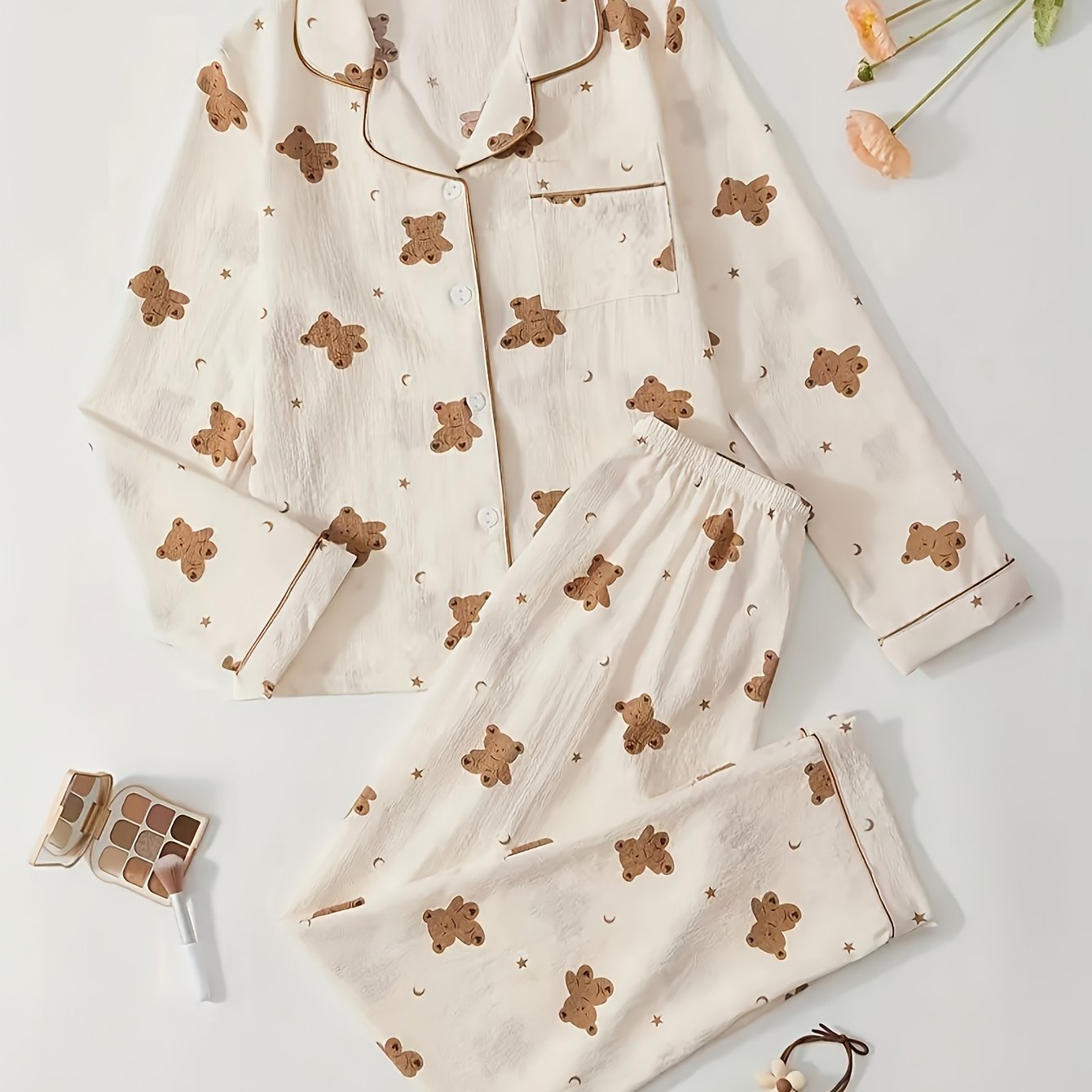 TEMU 2pcs Women's Long Sleeve Top & Pants Casual Pajamas Set, Autumn Loose Print Homewear Suit, Suitable For Indoors & Outdoors