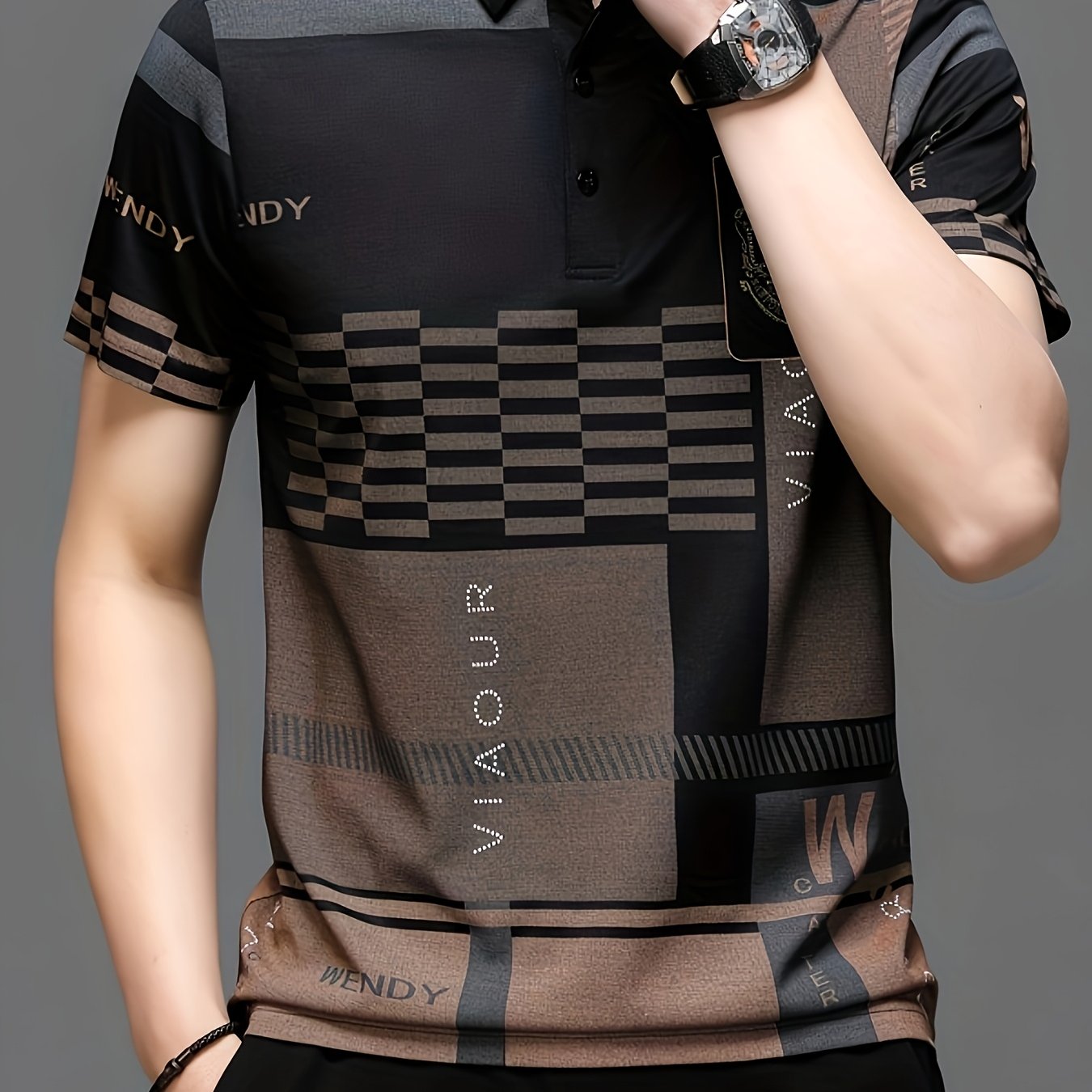TEMU Short-sleeve Men's Shirt Black And Brown Checkerboard Pattern With Stripes And Letters Casual Wear Summer Fashion Top - Printed Design - Not
