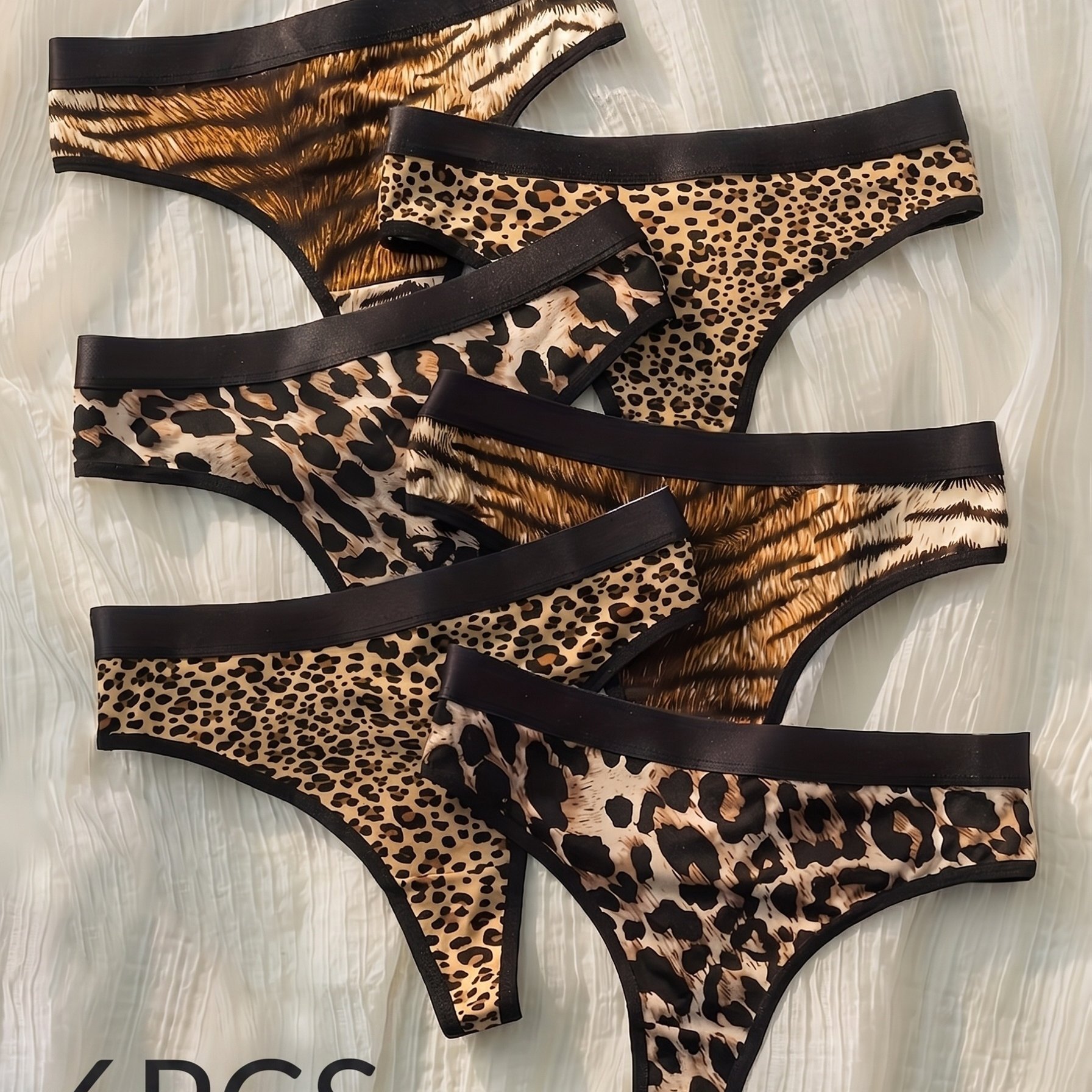6pcs Women's Sexy Animal Print Panties, Mid-rise Seamless T-back Underwear, Breathable Leopard Tiger Cheeky Knickers
