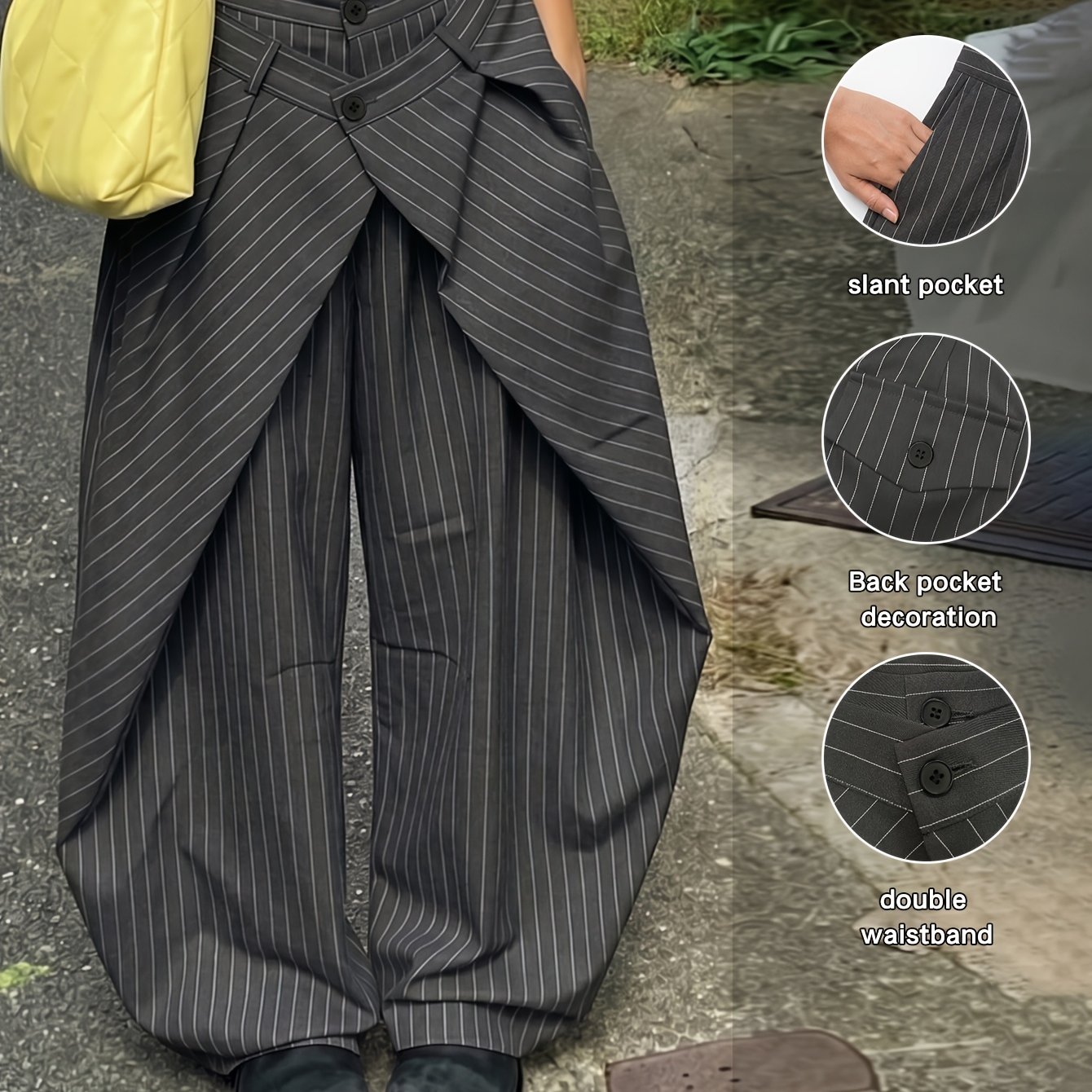 TEMU Pantalon d'été Y2K pour femmes, mode tendance, rayé fin, poche, jambes larges, taille haute, pantalon-robe, de ceinture à double couche