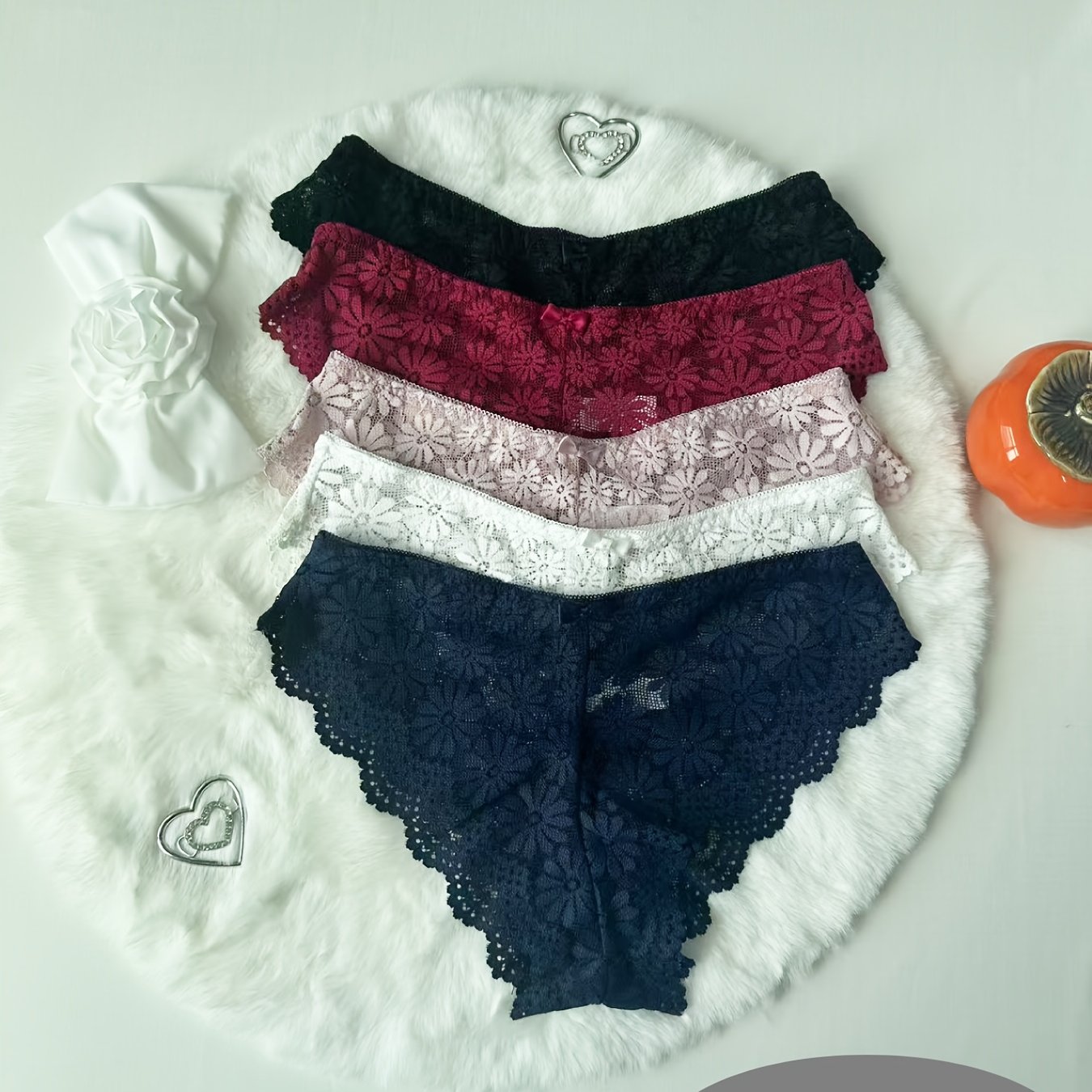 TEMU 5-pack Floral Lace Panties With Contrast Lace, Breathable And Comfortable For Daily Wear, Elegant Bow Accents, Soft And