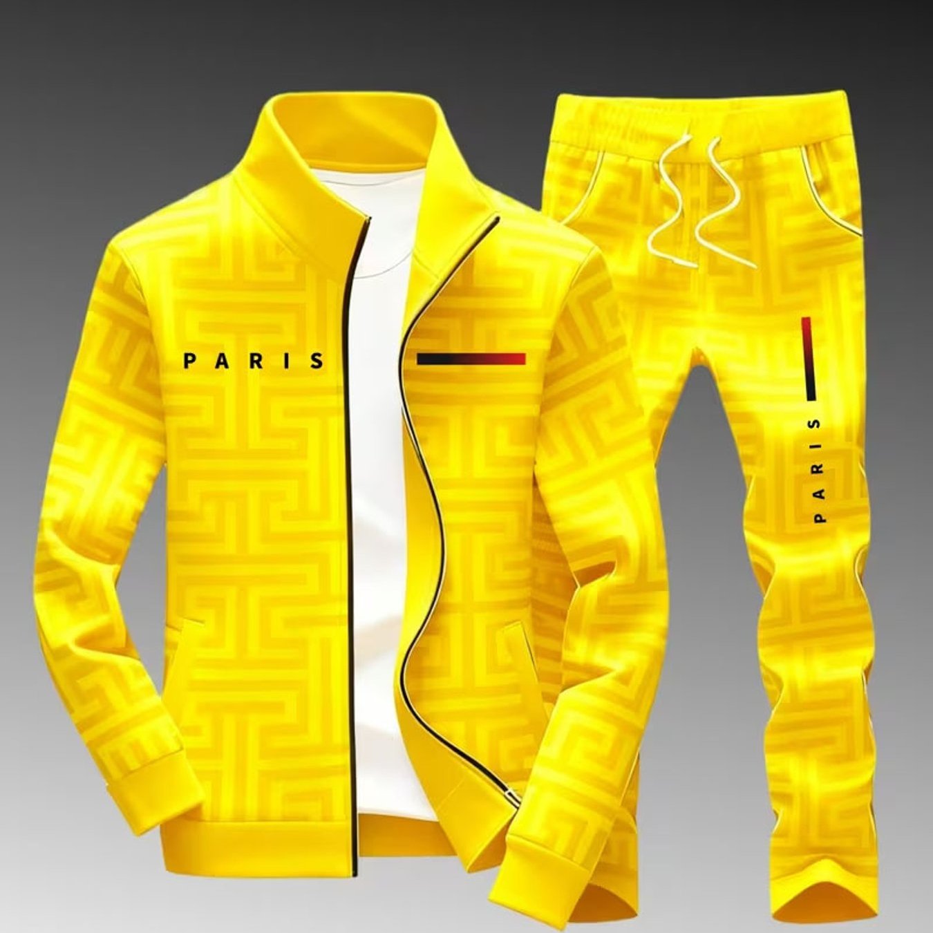 Casual Sportswear Set For Men Featuring A Yellow Geometric Maze Design, Paris Lettering, And Striped Details, Perfect For Street Style During And Winter , Ideal As A Holiday Gift