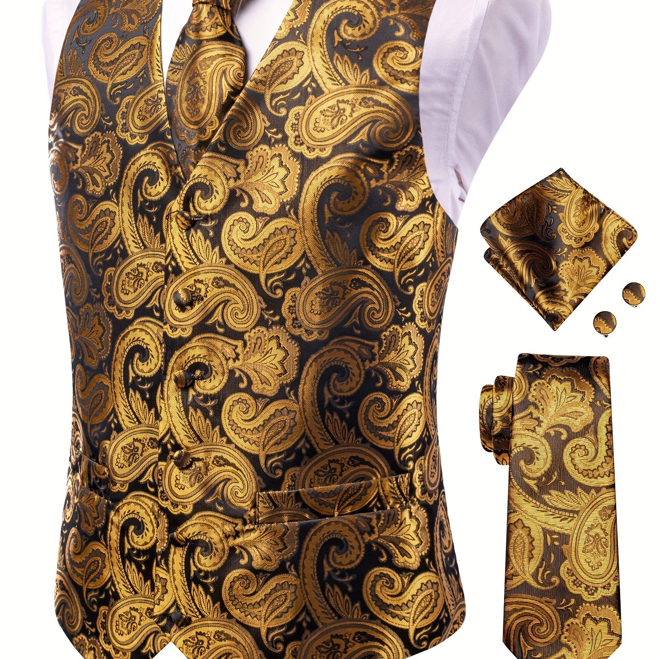 TEMU Wshowy Men's Paisley Vest Outfit Includes A Vest, Tie, Handkerchief, And Cufflinks