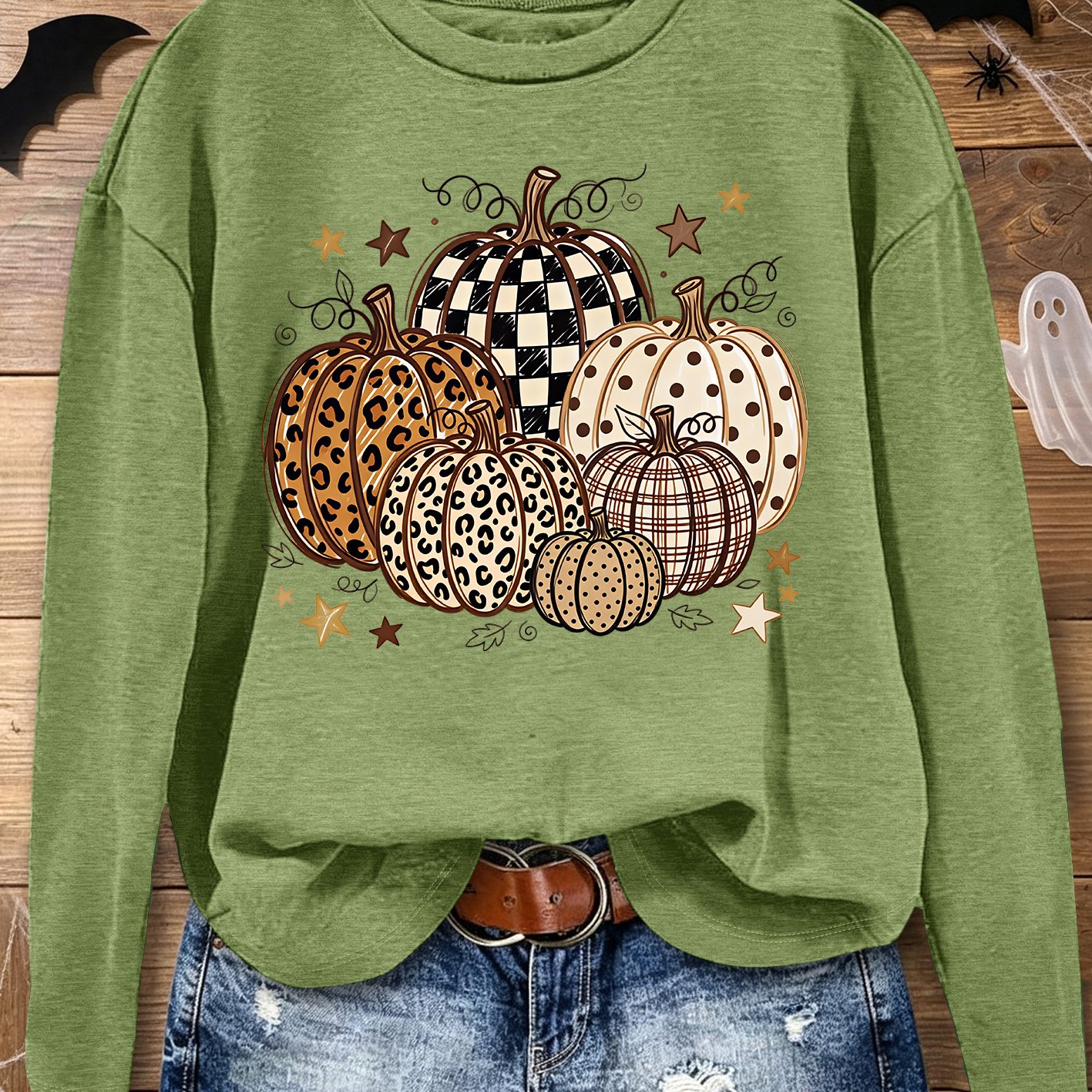 TEMU Halloween Women's Elegant Long Sleeve | Vintage Checkerboard Leopard Print Polka Dot Pumpkin Cluster Print, Ins-style Lazy Loose Fit Cut,