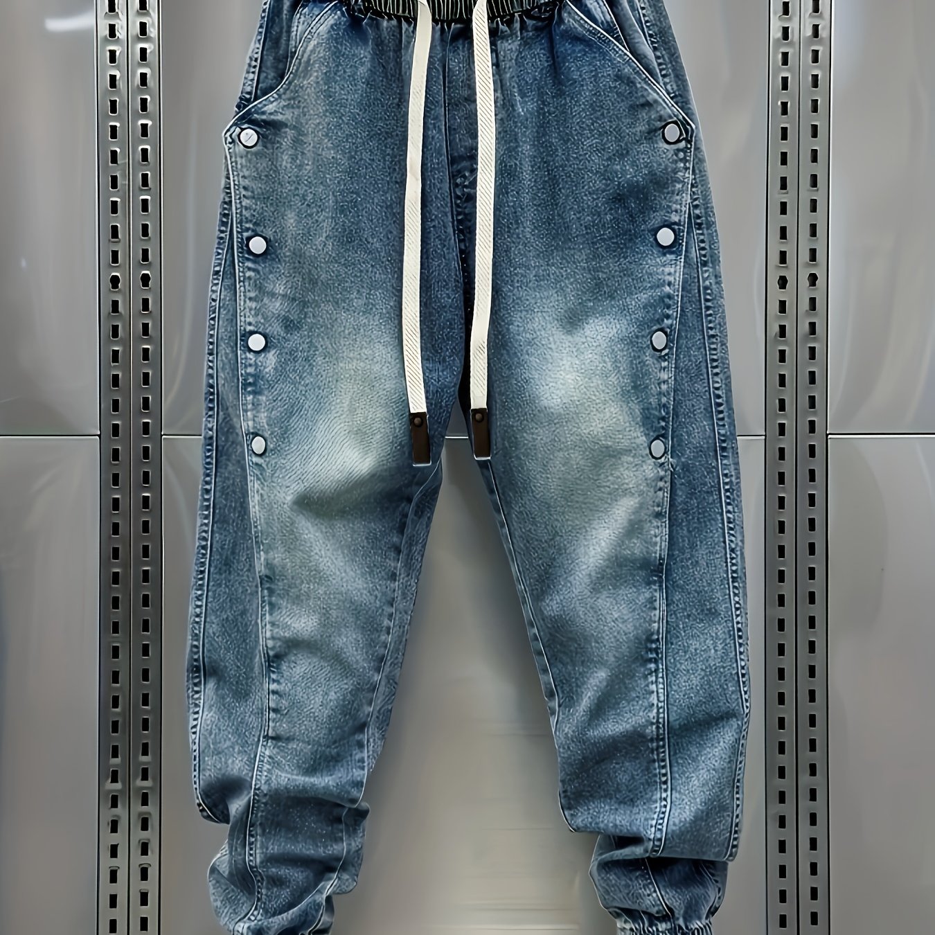 Image of Geng Yuan Shi Products Elastic Waist Button Decoration Casual Fashion Harem Pants Ankle-cinching Versatile Slim Fit Jeans