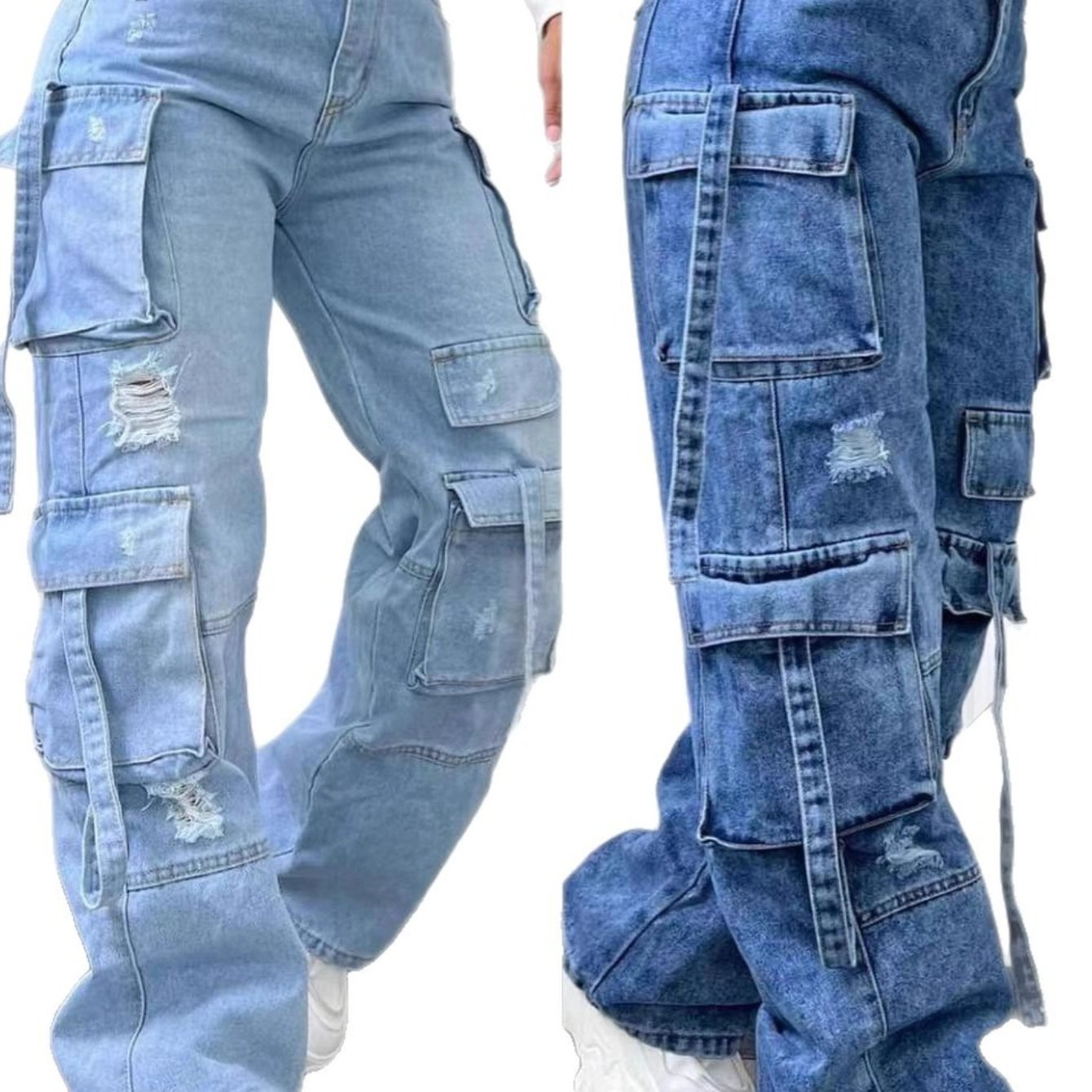 TEMU 2025 New European And Solid Color Versatile Plus-size High-waist Multi-pocket Casual Cargo Jeans