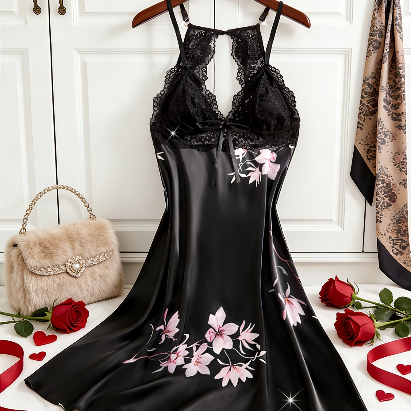 TEMU Lace Nightdress Featuring A V-neck, Adjustable Straps, Floral Pattern, And A Bow Backless Design, Perfect For Soft Loungewear