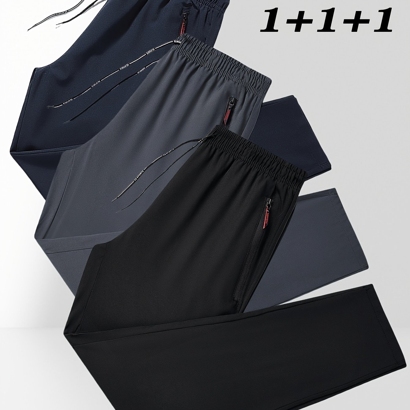 Image of 3pcs Men's Spring/summer Casual Comfortable Sports Running Pants With Zipper Pockets, Plus Size Big & Tall Pants For Men, Plus Size