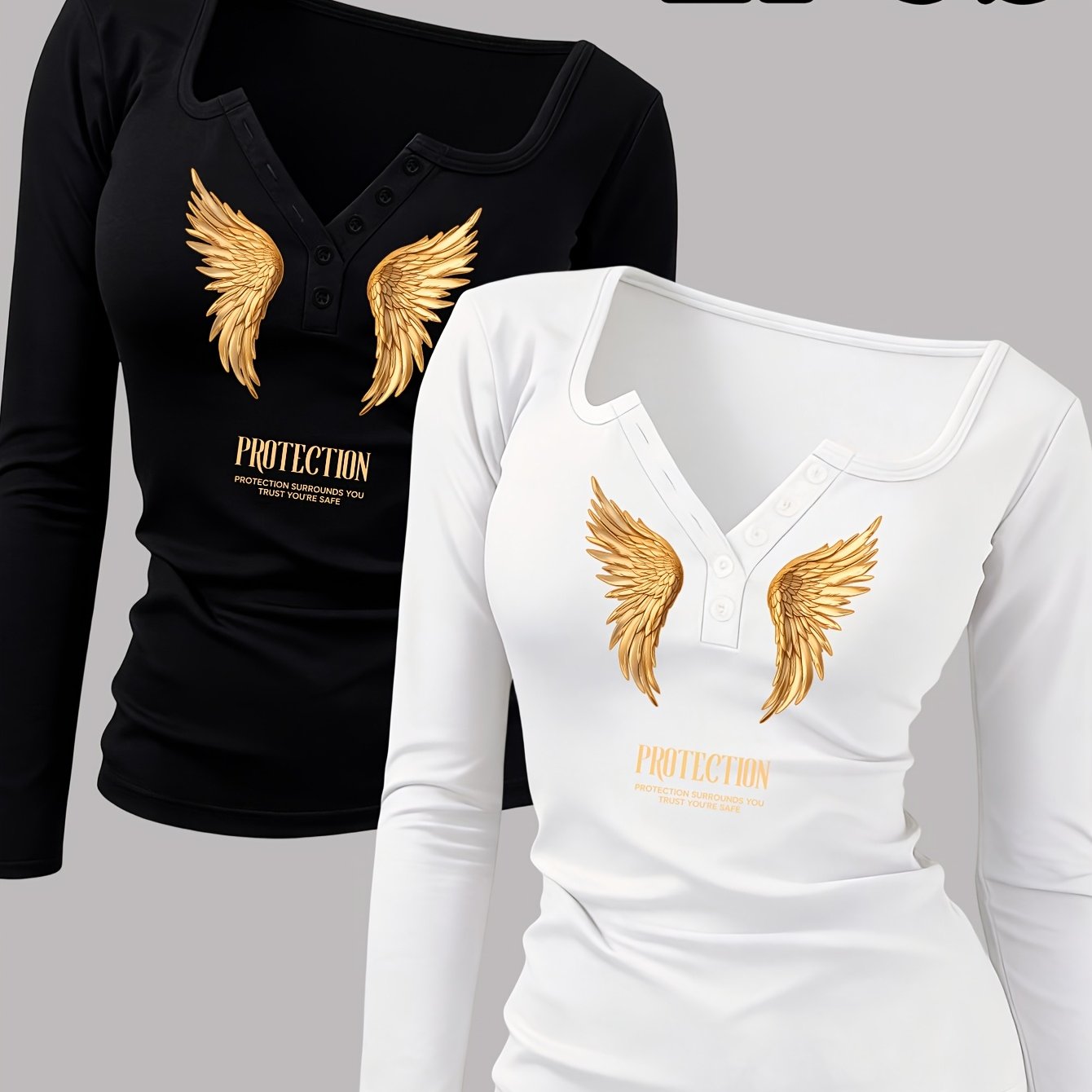 TEMU 2pcs Pack Of Wing Print Pattern Women's Clothing Button-style Hot Sexy Round Neck Design Women's Long Sleeve T-shirt, Suitable For Spring Summer